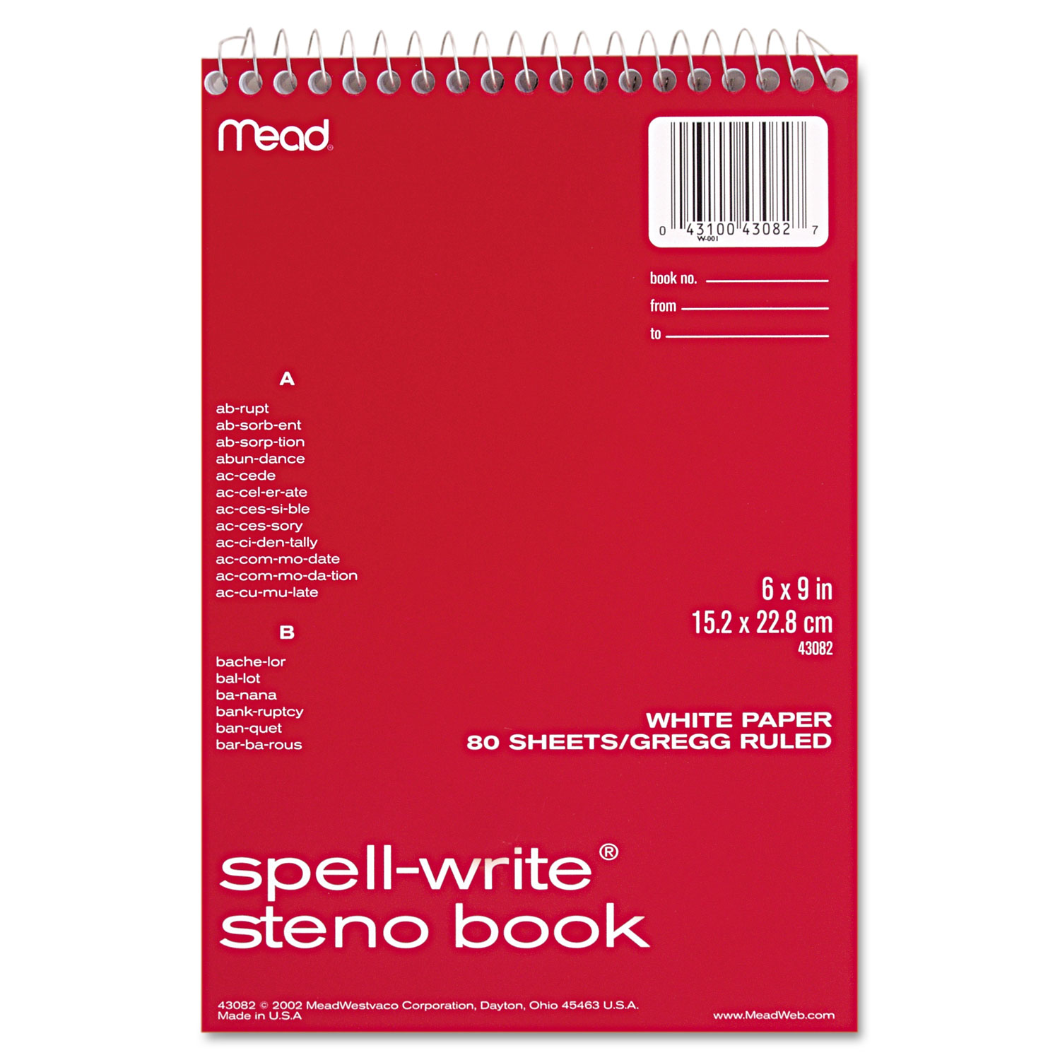 Mead® Spell Write Wirebound Steno Book, Gregg Rule, 6 x 9, White, 80 Sheets