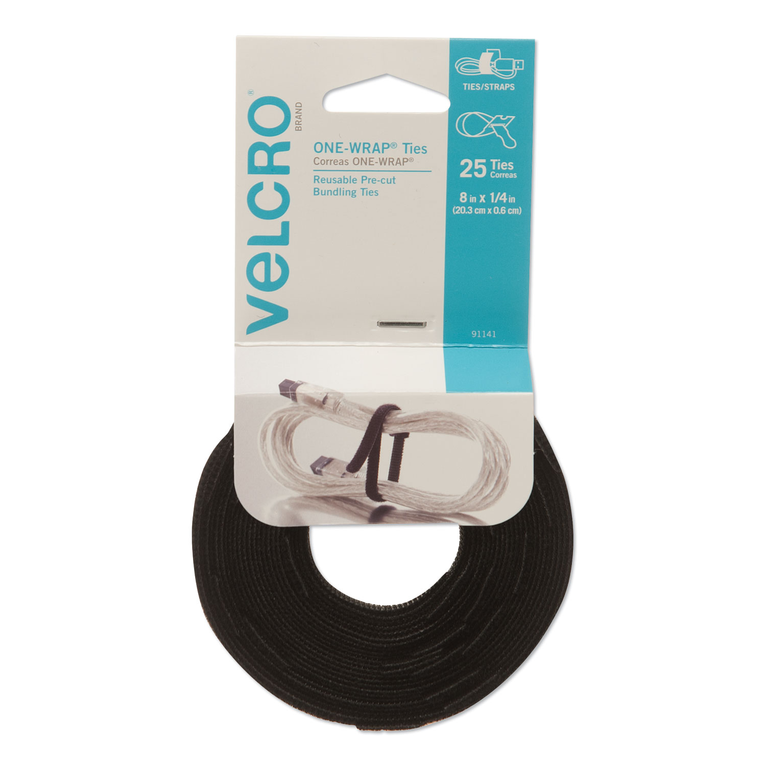 Velcro® Reusable Self-Gripping Cable Ties, 1/4 x 8 inches, Black, 25 Ties/Pack