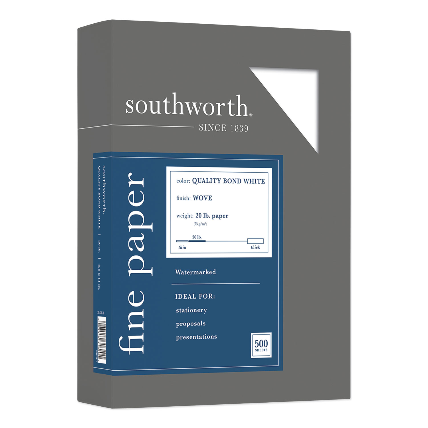 Southworth® Quality Bond #1 Sulphite Paper, 20lb, 95 Bright, Wove, 8 1/2 x 11, 5