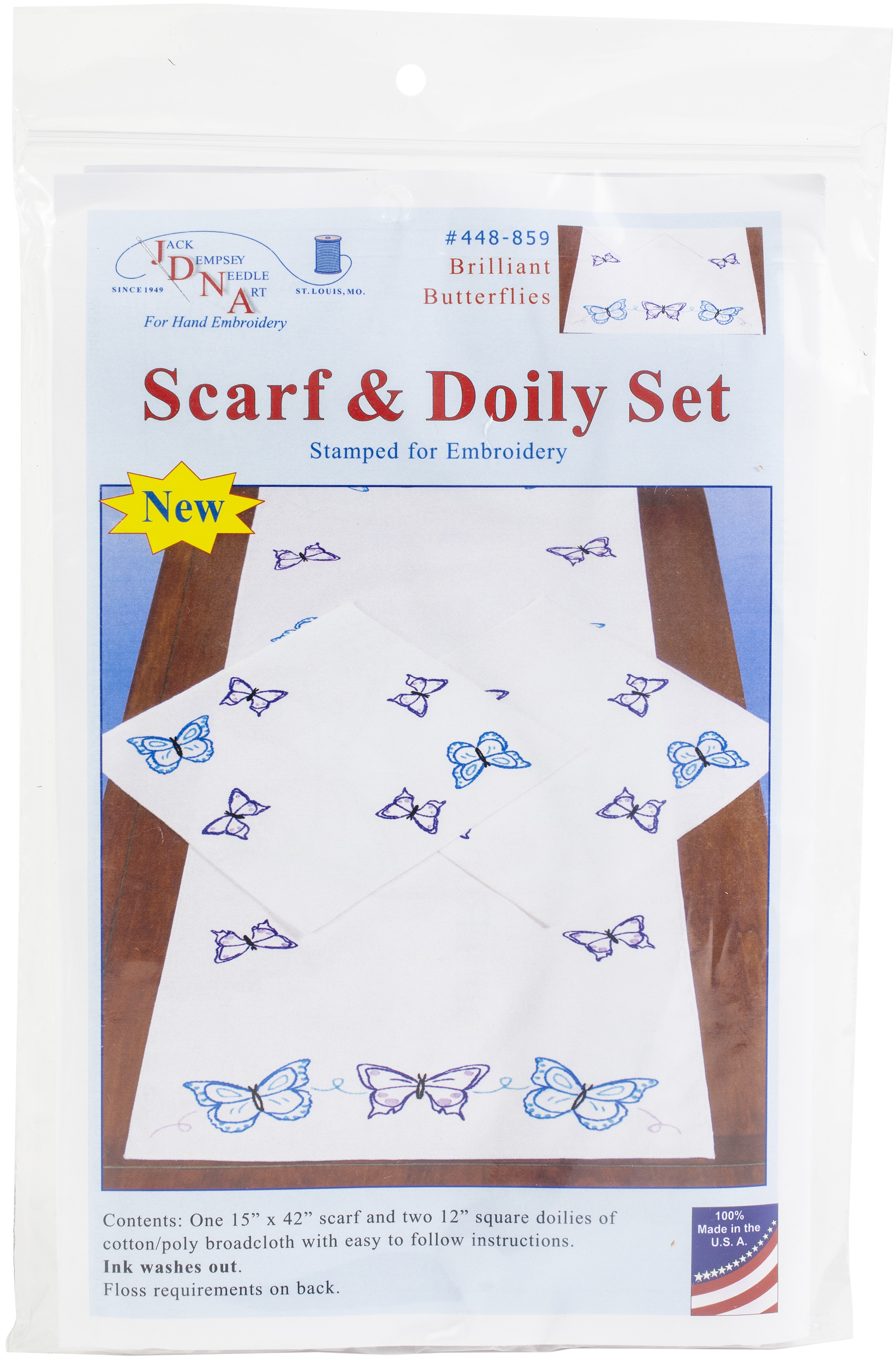 Jack Dempsey Stamped Dresser Scarf & Doilies Perle Edge Brilliant Butterflies