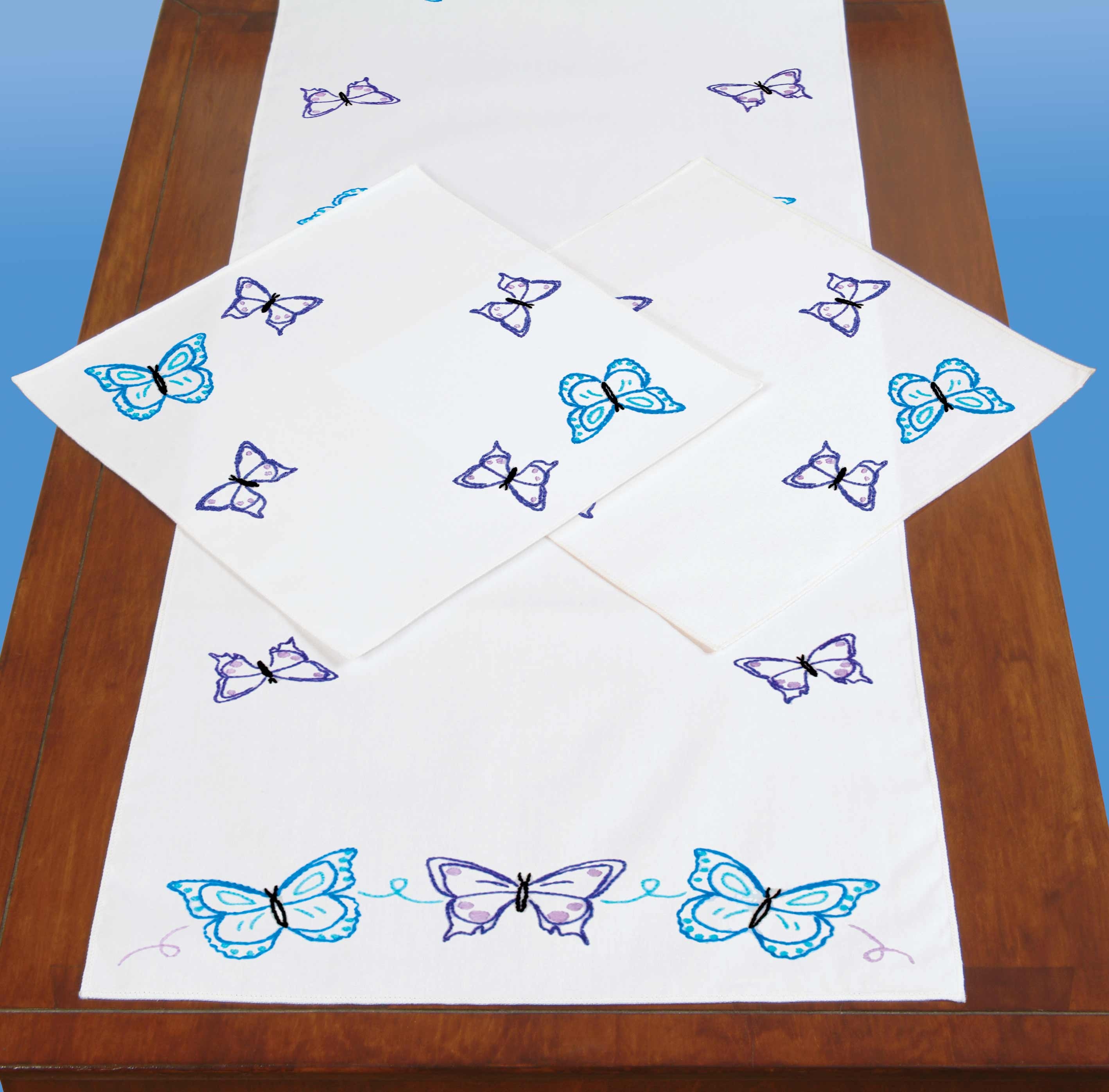 Jack Dempsey Stamped Dresser Scarf & Doilies Perle Edge Brilliant Butterflies