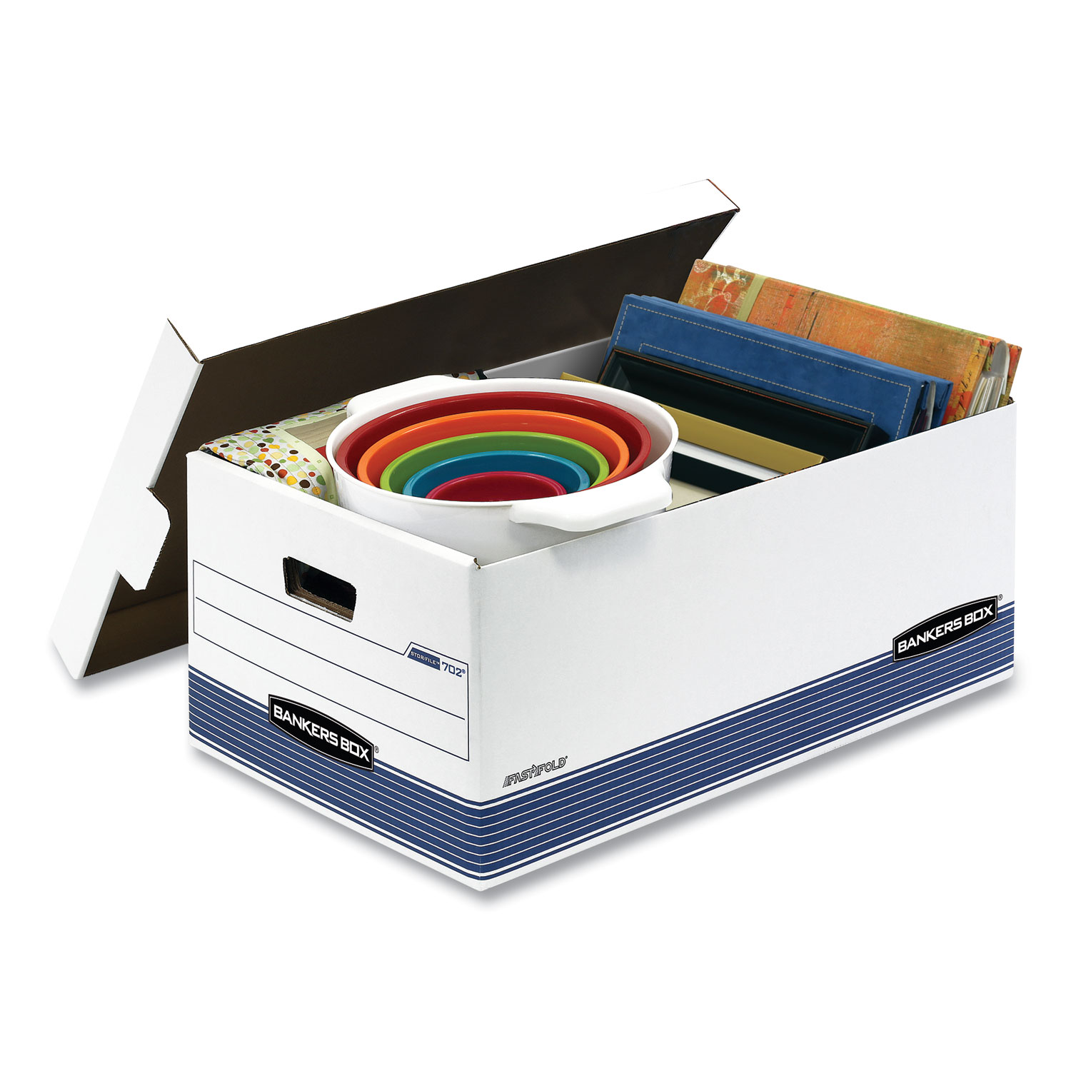 Bankers Box® STOR/FILE Storage Box, Legal, Locking Lid, White/Blue, 12/Carton
