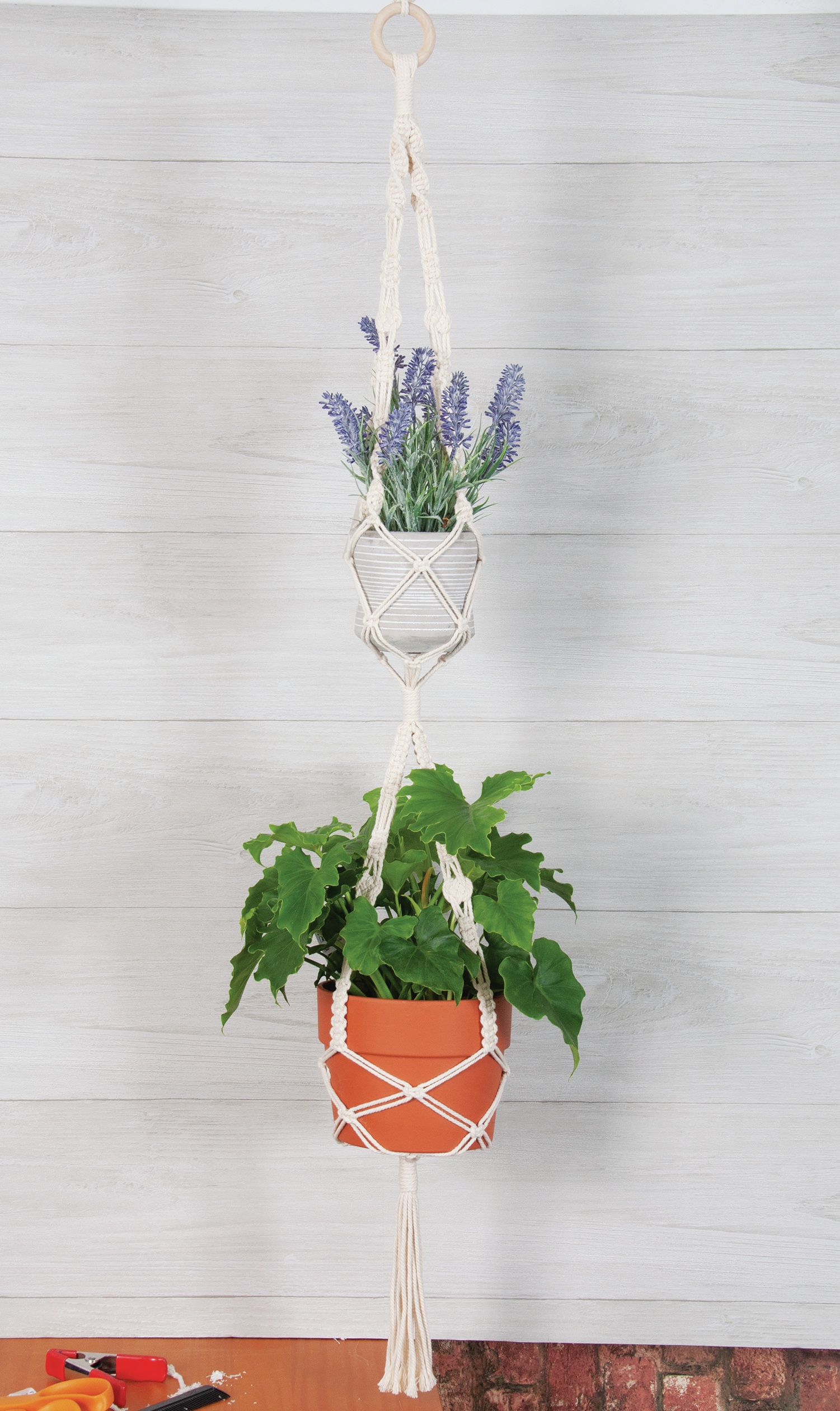 Solid Oak Macrame Hanging Kit Double Plant Hanger