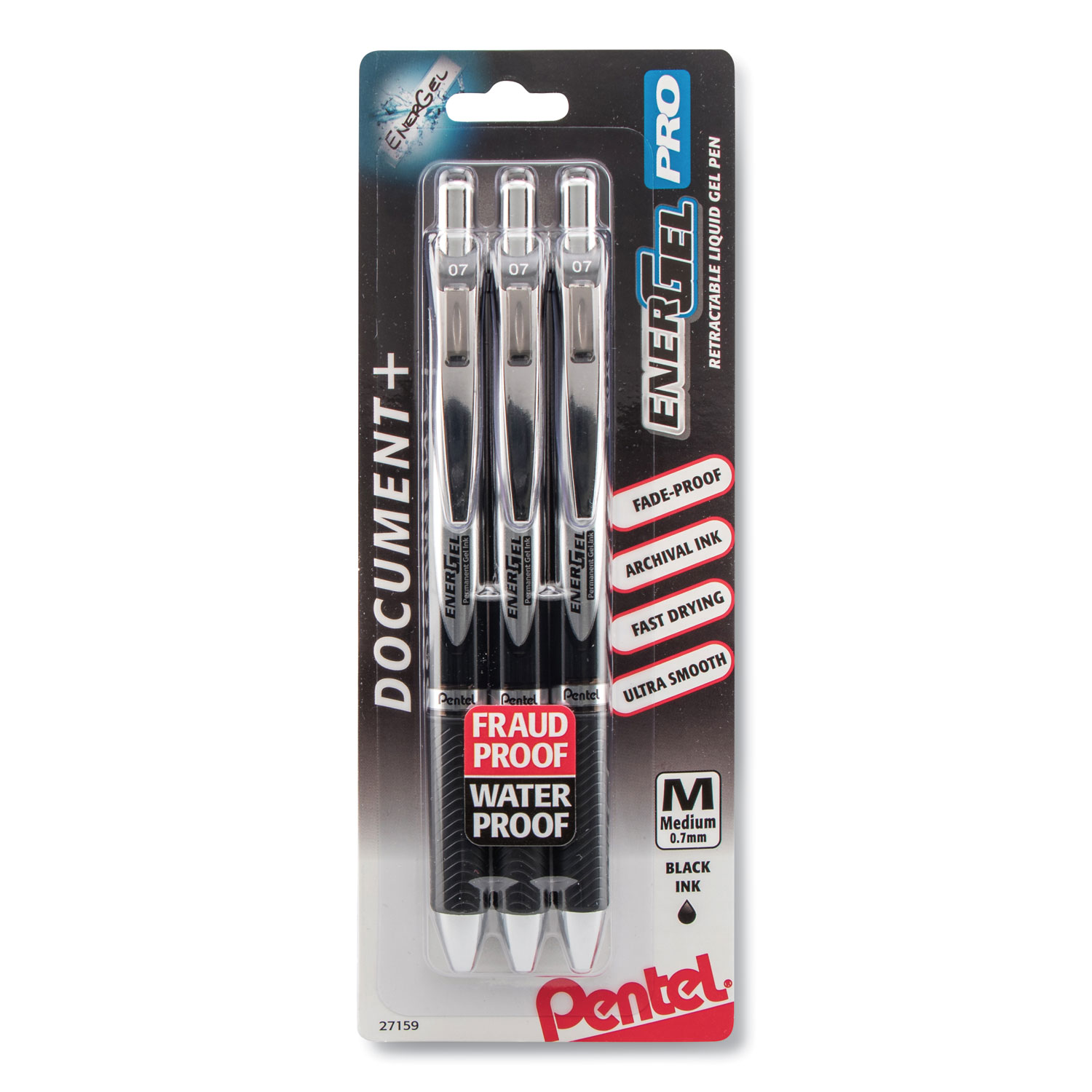 Pentel® EnerGel PRO Pigment Gel Pen, 0.7 mm, Black Barrel/Ink, 3/PK