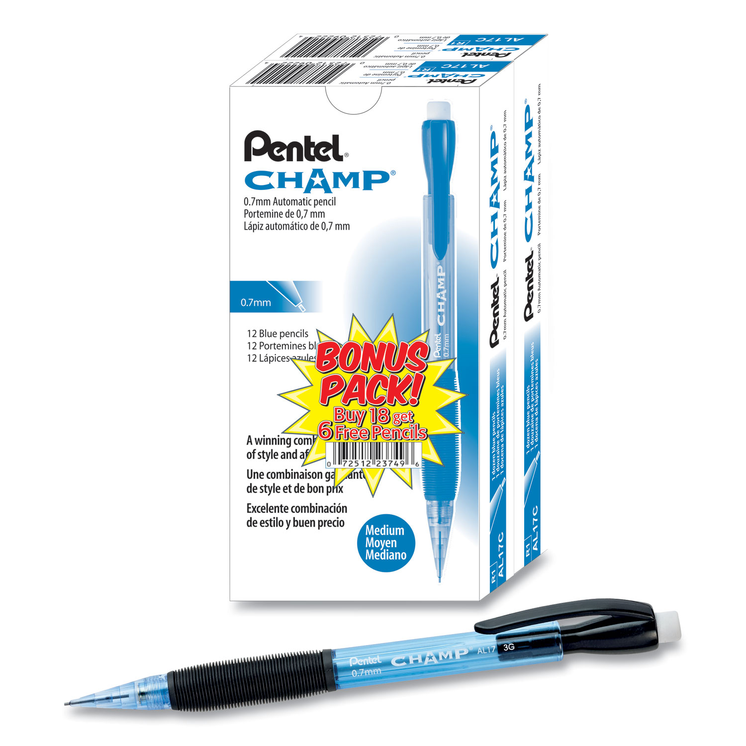 Pentel® Champ Mechanical Pencil, 0.7 mm, Blue Barrel, 24/Pack