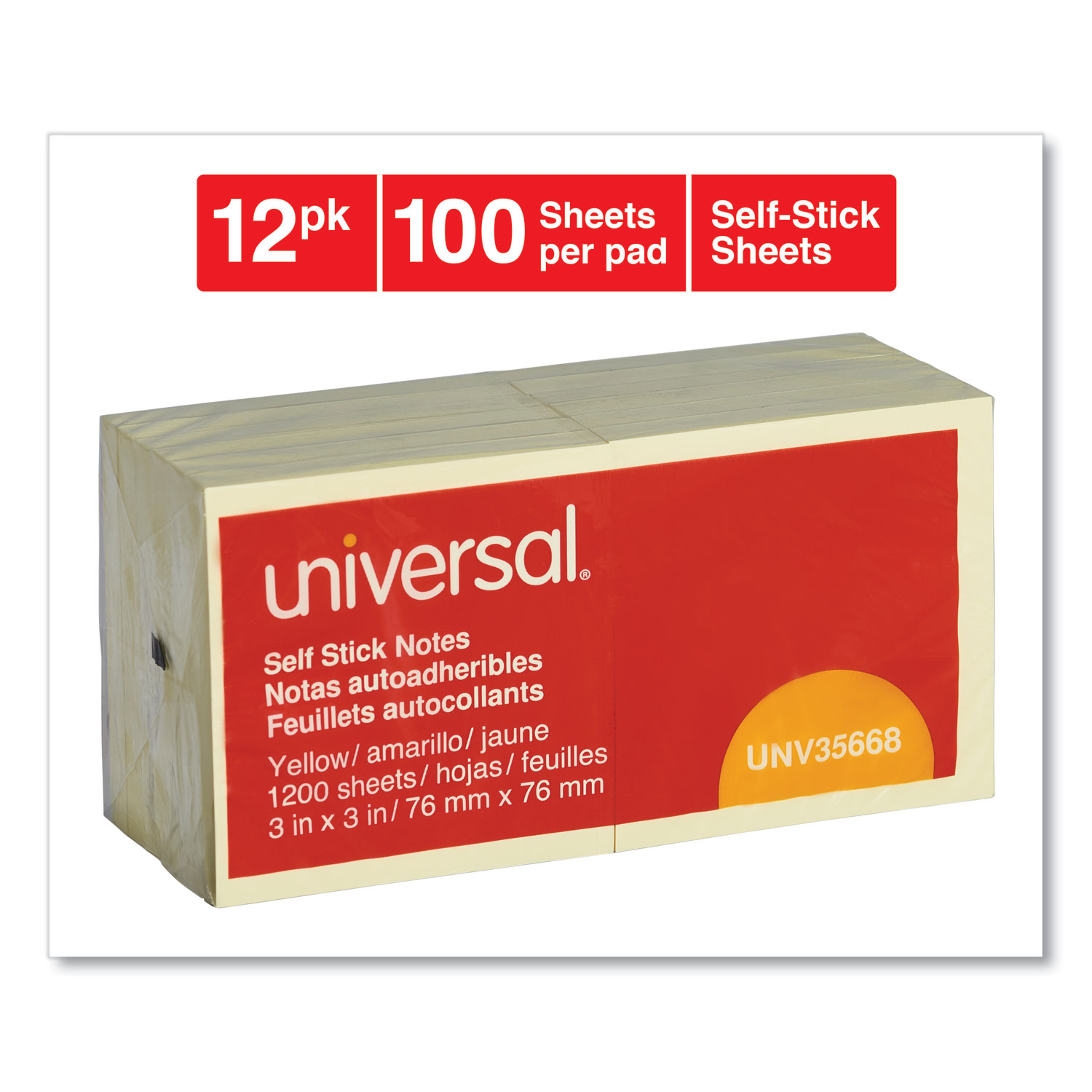 Universal® Standard Self-Stick Notes, 3 x 3, Yellow, 100-Sheet, 12/Pack