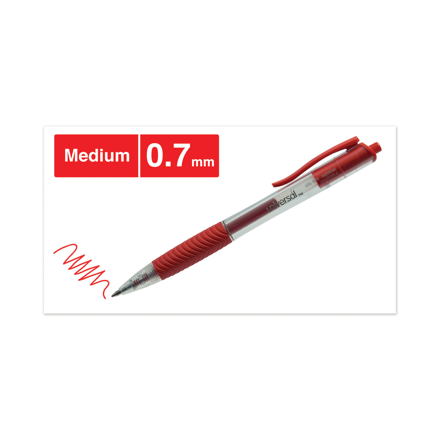 Universal® Clear Roller Ball Retractable Gel Pen, Red Ink, Medium, Dozen