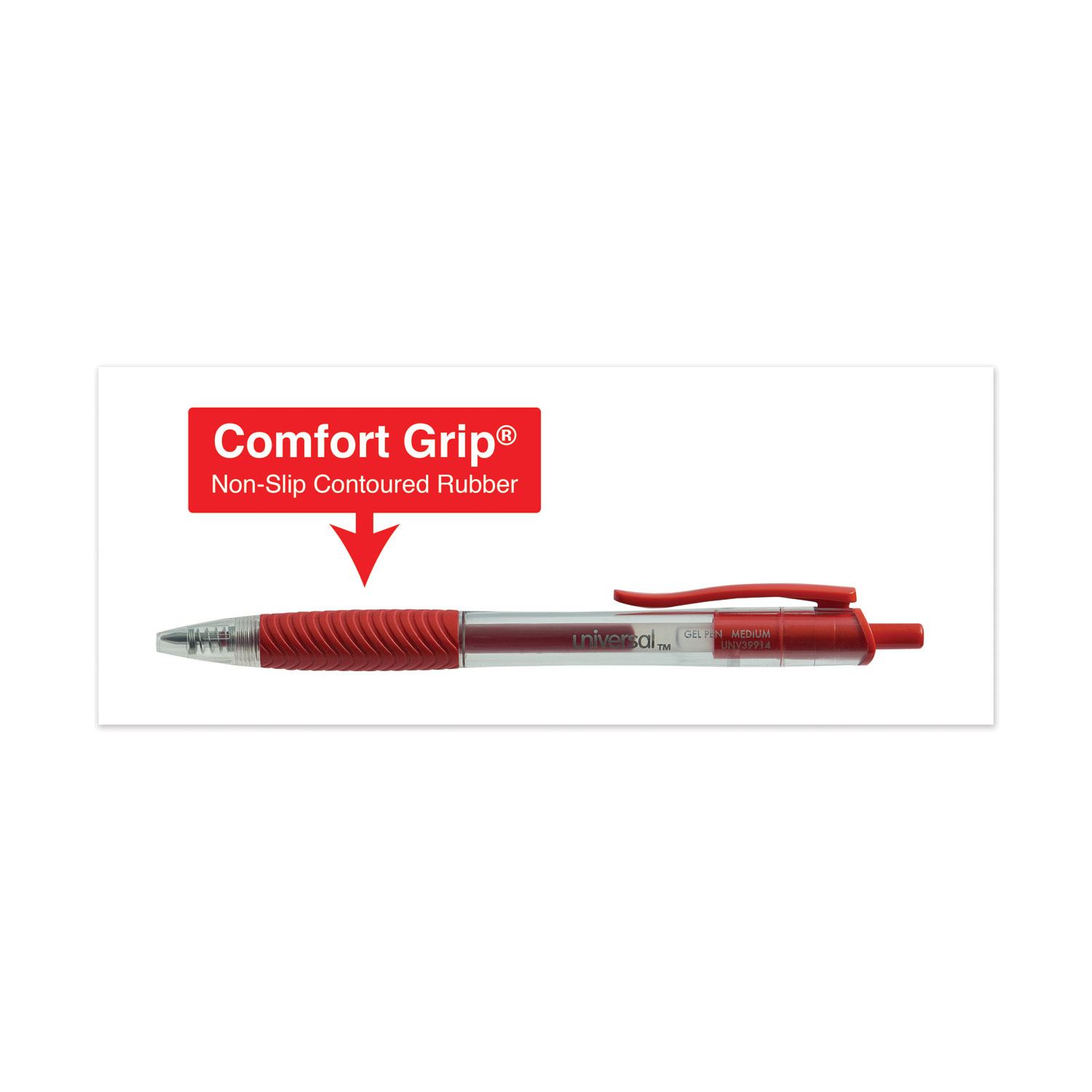 Universal® Clear Roller Ball Retractable Gel Pen, Red Ink, Medium, Dozen