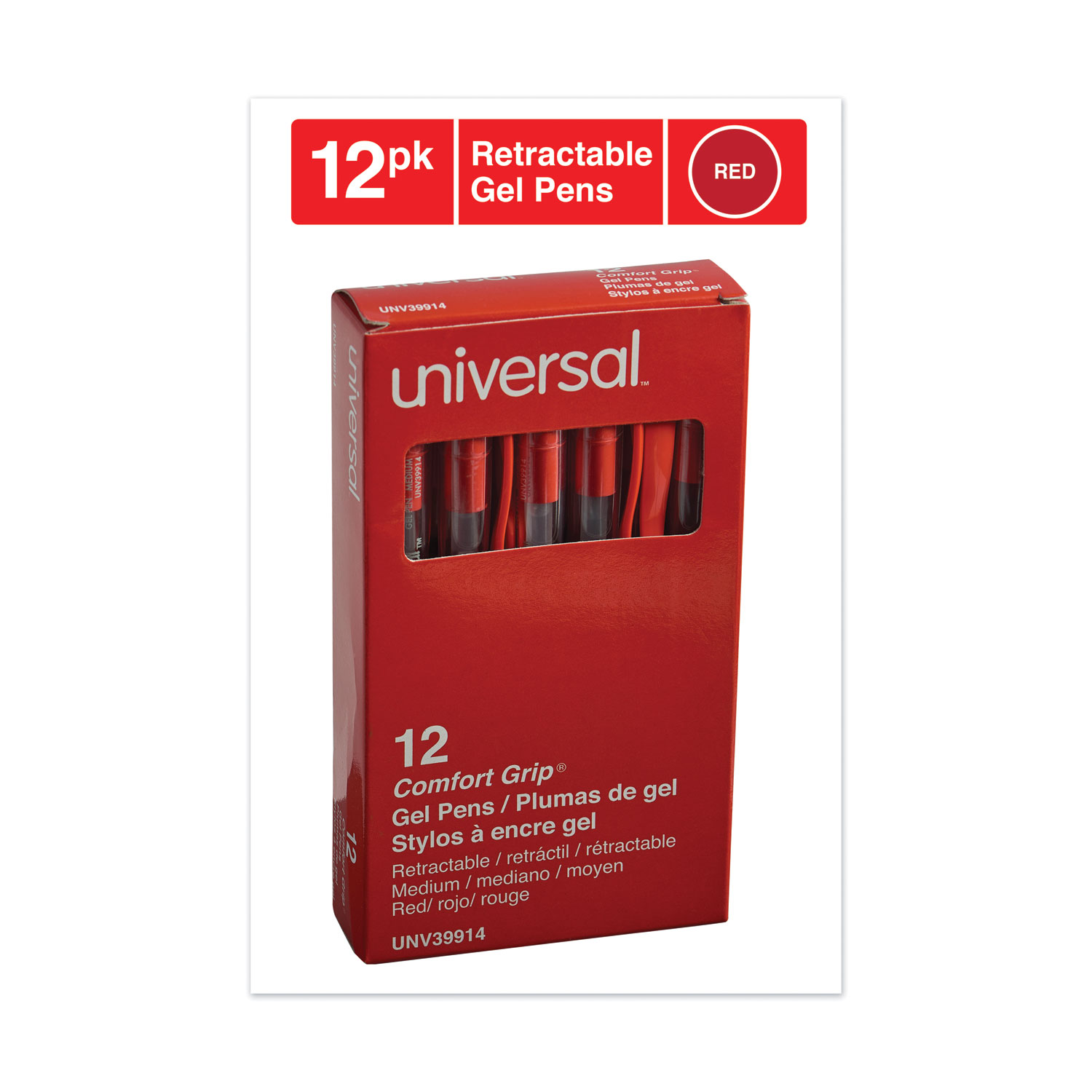 Universal® Clear Roller Ball Retractable Gel Pen, Red Ink, Medium, Dozen