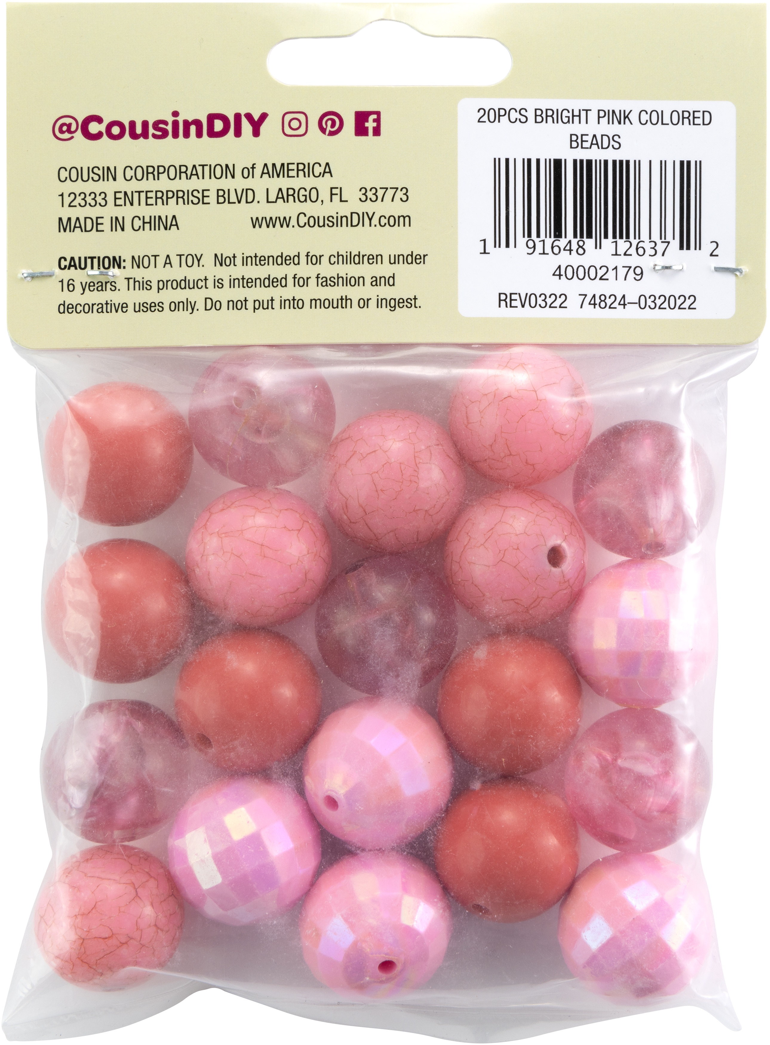 CousinDIY Bubblegum Bead 20mm 20/Pkg-Bright Pink