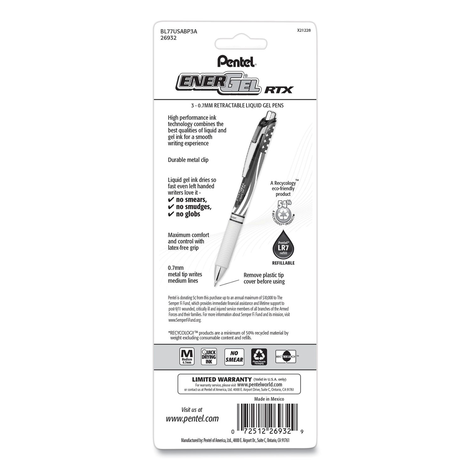 ENERGEL RTX STARS AND STRIPES GEL PEN, RETRACTABLE, MEDIUM 0.7 MM, BLACK INK, RE