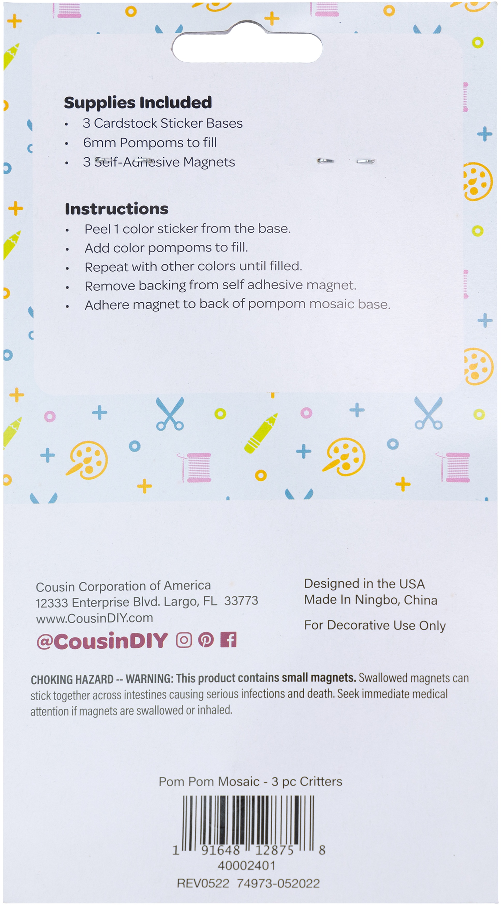 CousinDIY Pom-Pom Mosaic Kit 3/Pkg-Critters