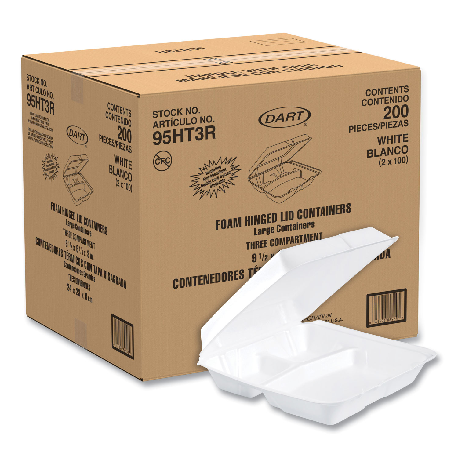 Dart® Foam Container, Hinged Lid, 3-Comp, 9 1/2 x 9 1/4 x 3, 200/Carton