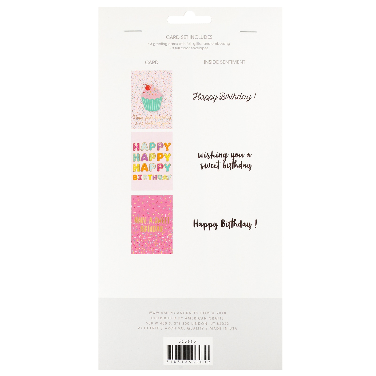 American Crafts Greeting Cards 3/Pkg-Birthday Cupcake