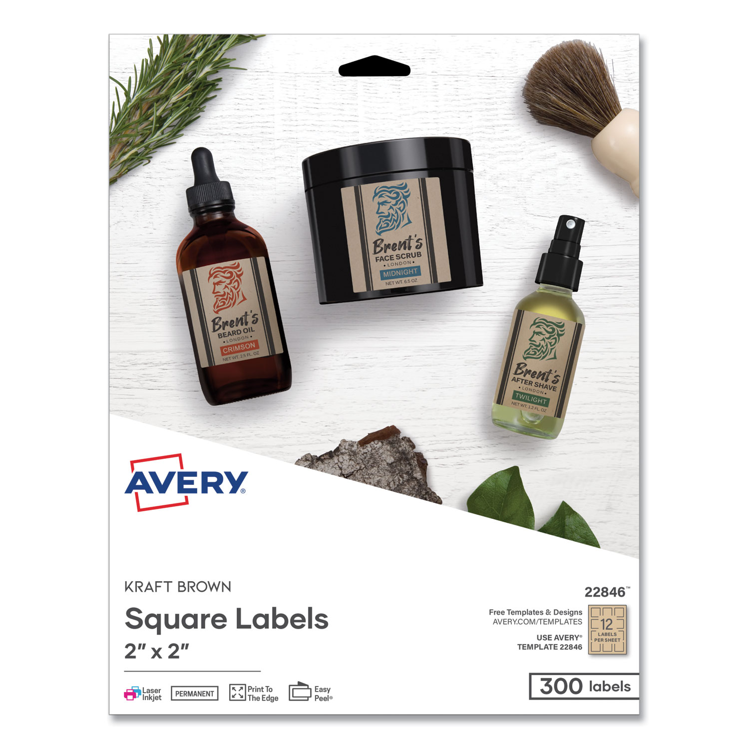 Avery® Square Print-to-the-Edge Labels, 2 x 2, Kraft Brown, 300/Pack