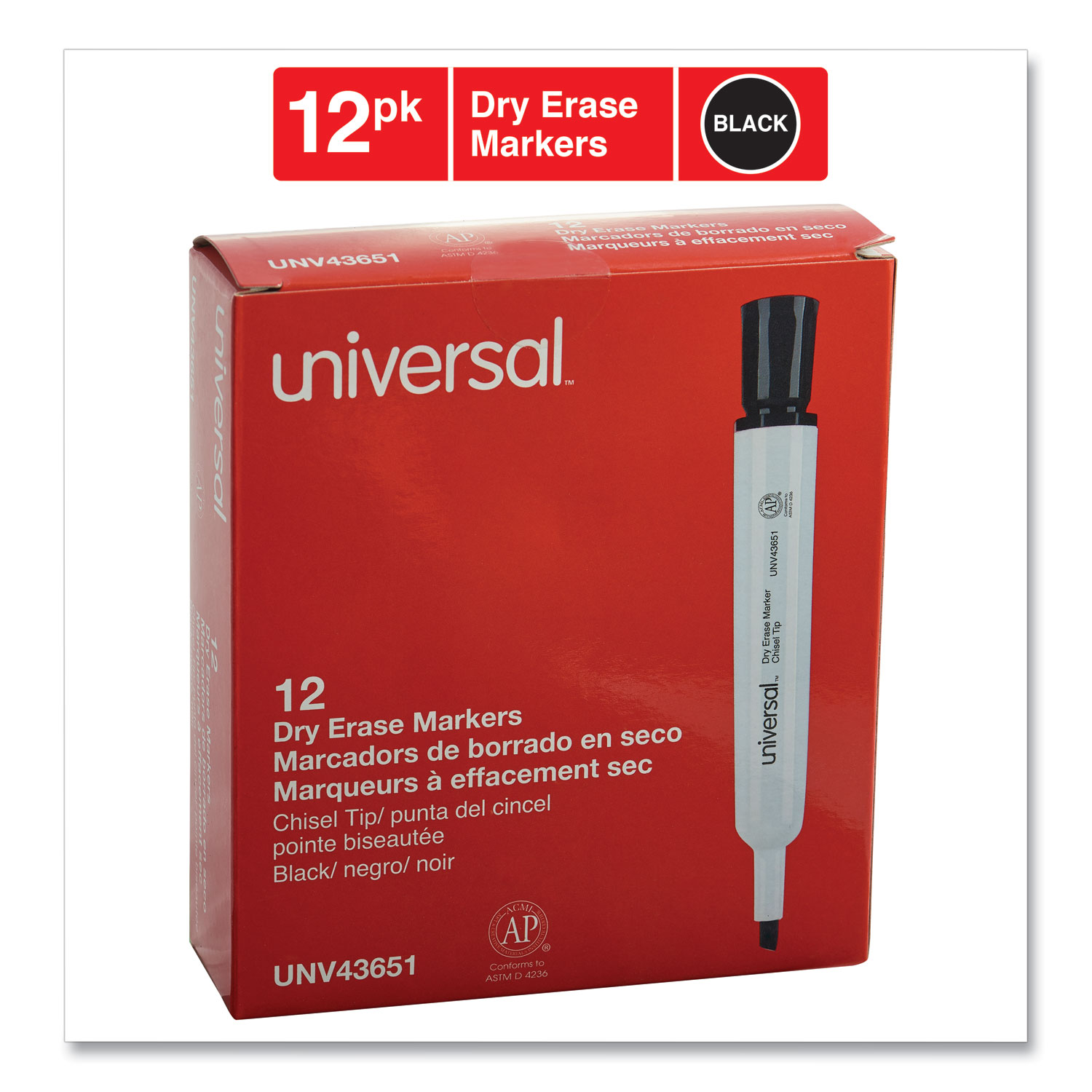 Universal® Dry Erase Marker, Chisel Tip, Black, Dozen