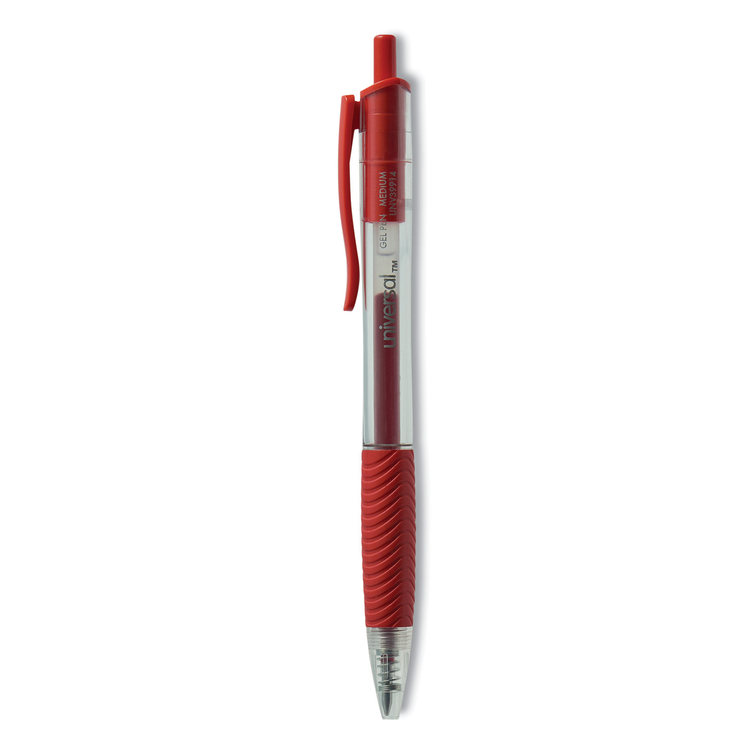 Universal® Clear Roller Ball Retractable Gel Pen, Red Ink, Medium, Dozen