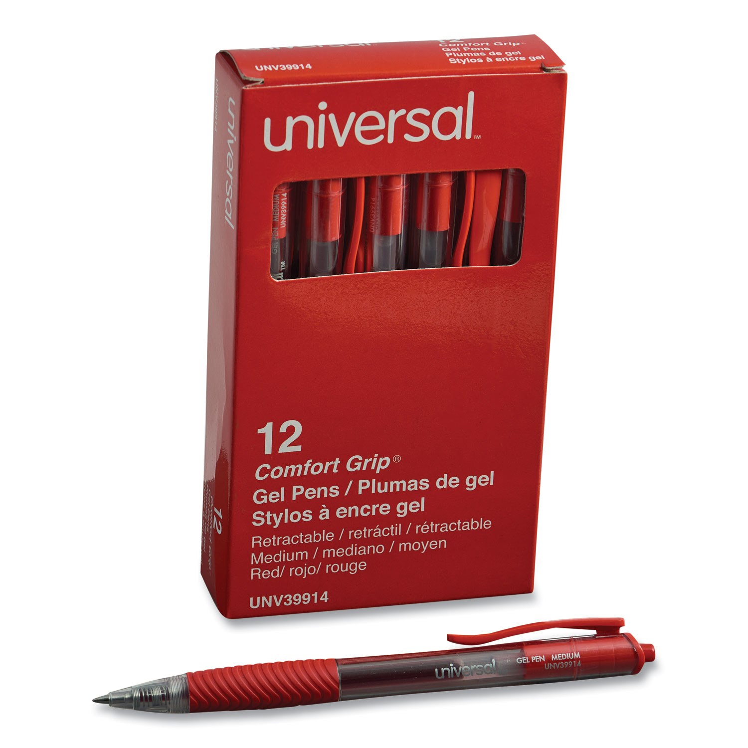 Universal® Clear Roller Ball Retractable Gel Pen, Red Ink, Medium, Dozen