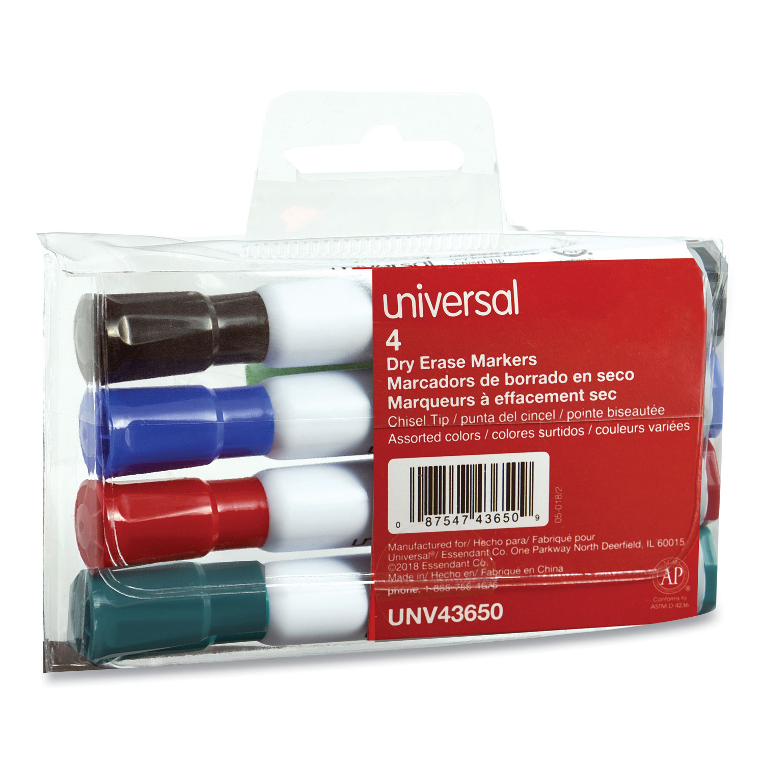 Universal® Dry Erase Markers, Chisel Tip, Assorted, 4/Set