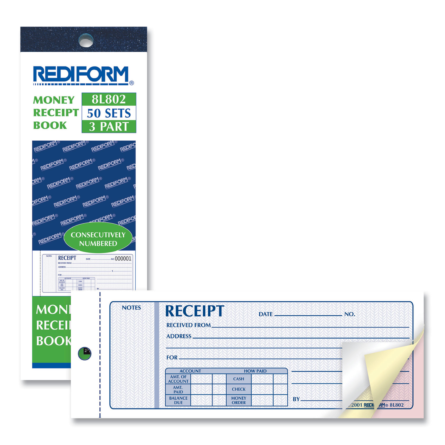 Rediform® Receipt Book, 7 x 2 3/4, Carbonless Triplicate, 50 Sets/Book