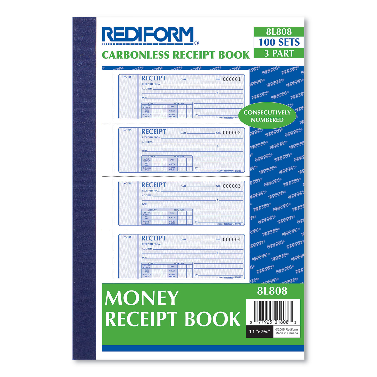 Rediform® Money Receipt Book, 7 x 2 3/4, Carbonless Triplicate, 100 Sets/Book