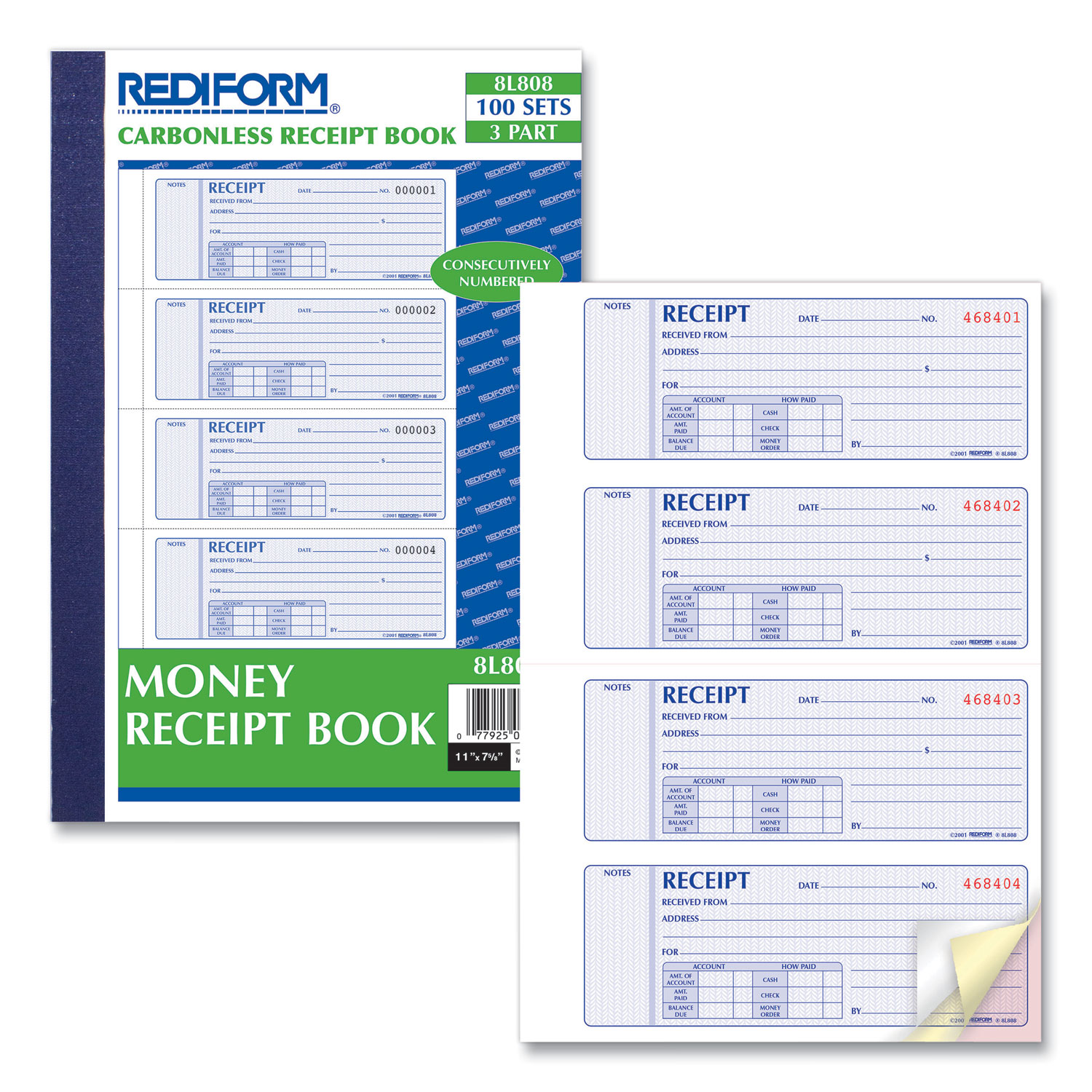 Rediform® Money Receipt Book, 7 x 2 3/4, Carbonless Triplicate, 100 Sets/Book