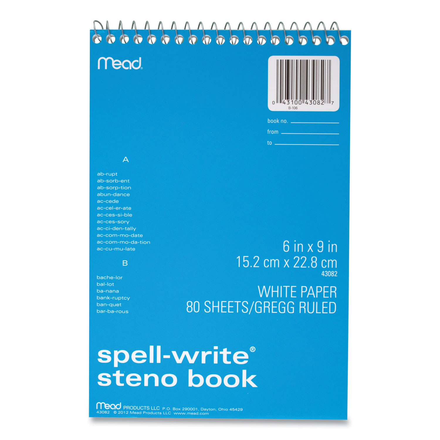 Mead® Spell Write Wirebound Steno Book, Gregg Rule, 6 x 9, White, 80 Sheets