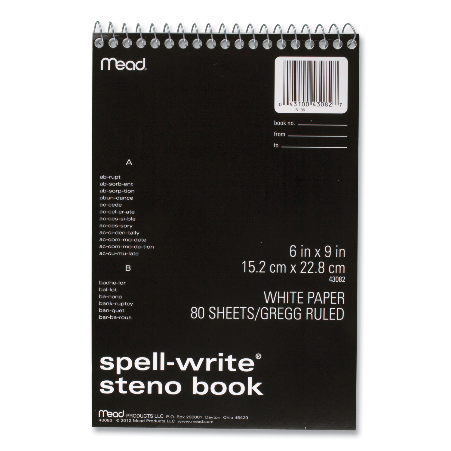 Mead® Spell Write Wirebound Steno Book, Gregg Rule, 6 x 9, White, 80 Sheets