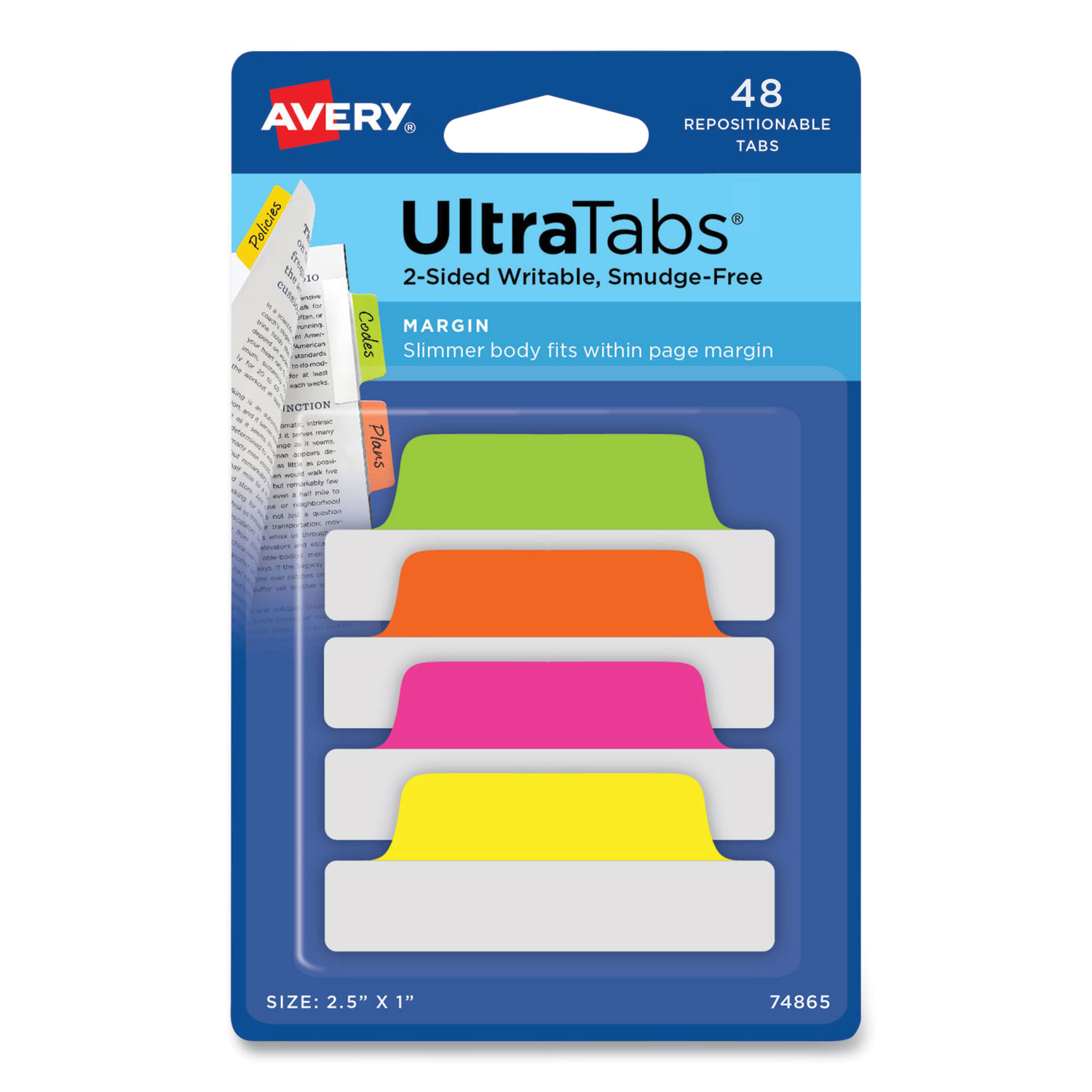 Avery® Ultra Tabs Repositionable Margin Tabs, 1/5-Cut Tabs, Assorted Neon, 2.5