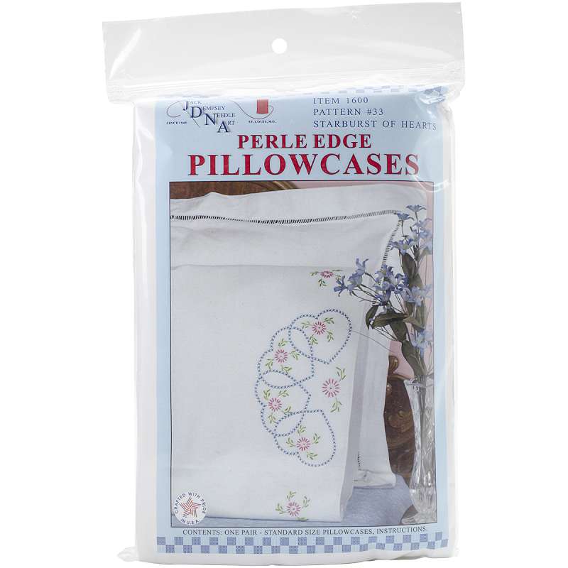 Stamped Pillowcases W/White Perle Edge 2/Pkg Starburst Of Hearts