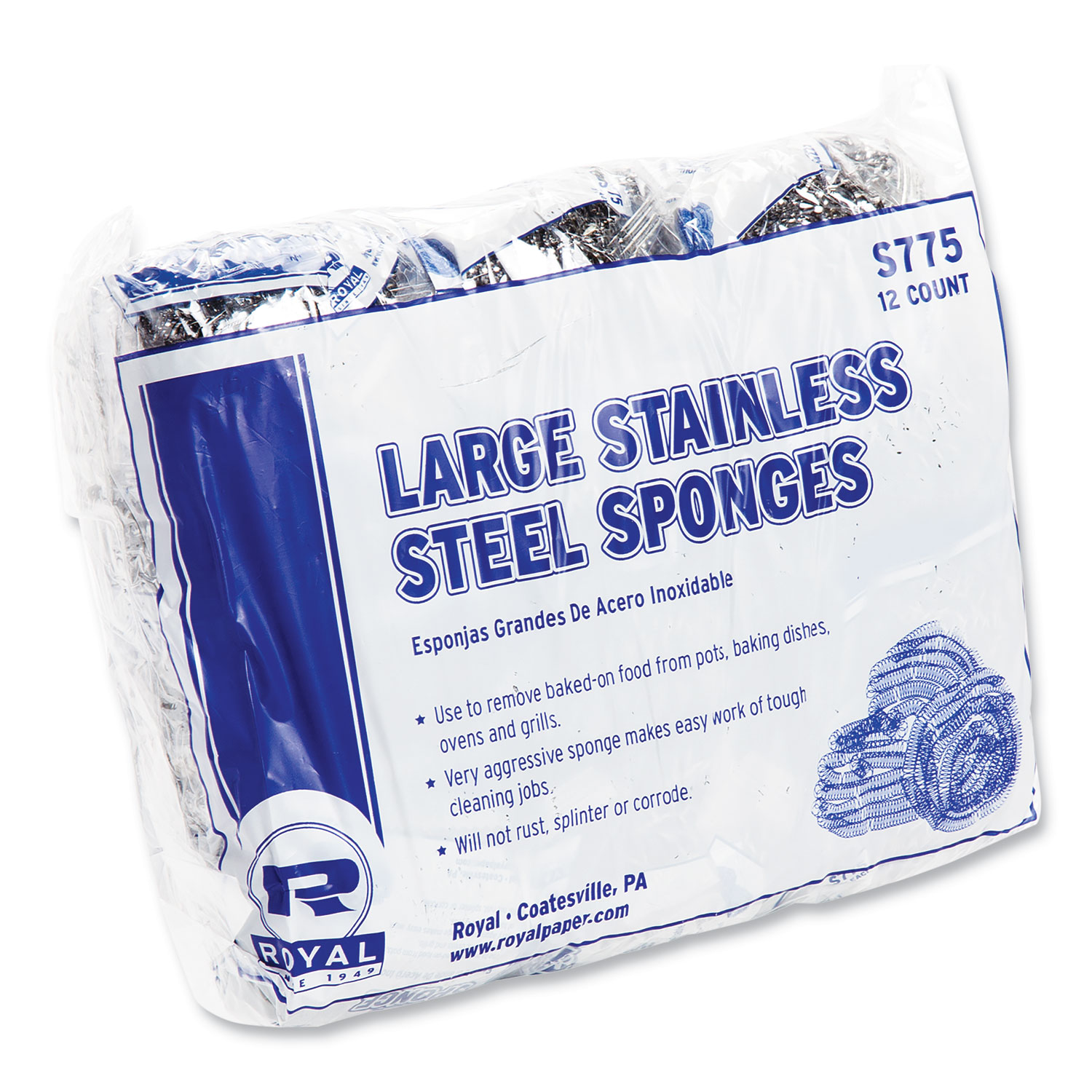 Royal Large Stainless Steel Sponge, Polybagged, 1.75 oz, 12/PK, 6 PK/CT