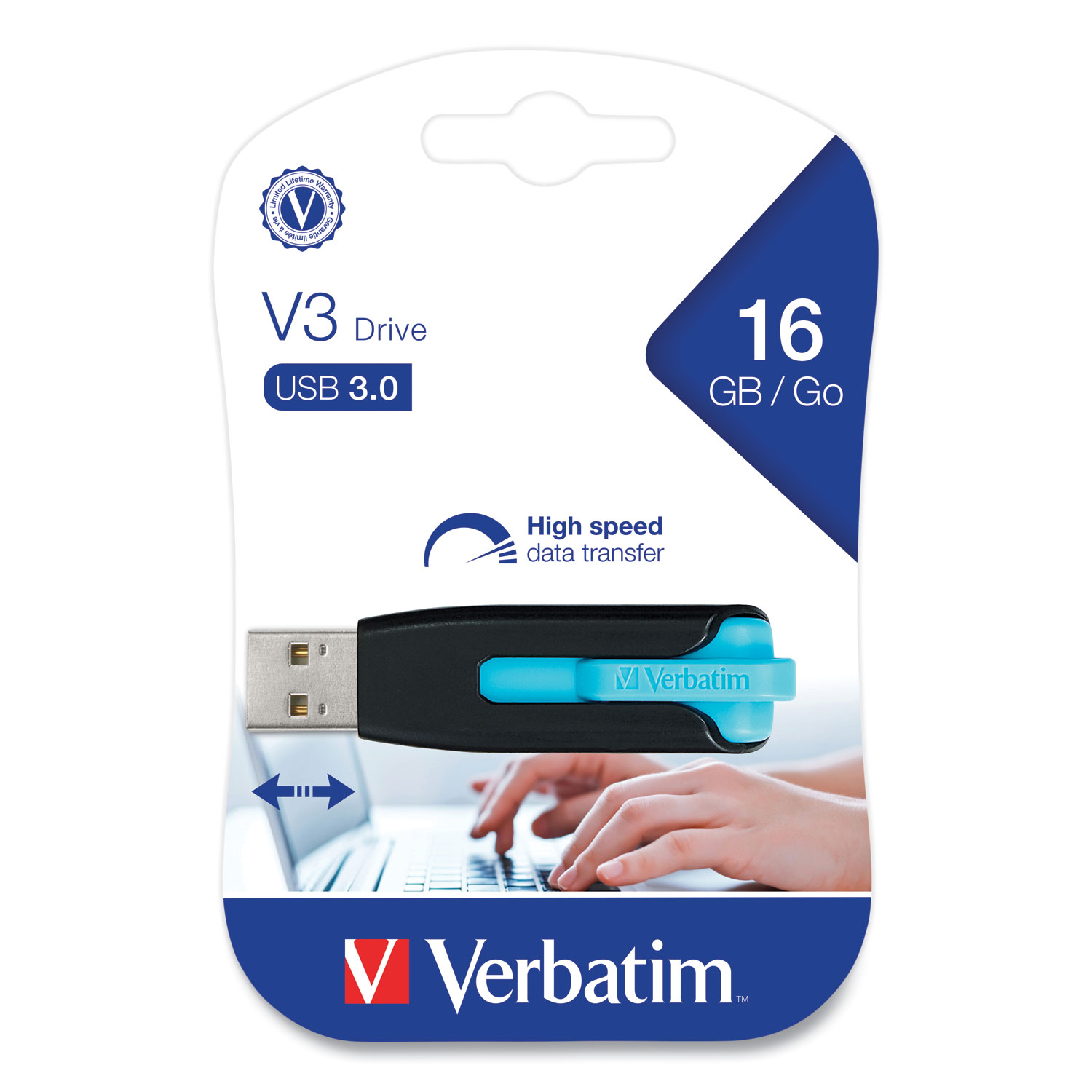 Verbatim® Store 'n' Go V3 USB 3.0 Drive, 16GB, Black/Blue