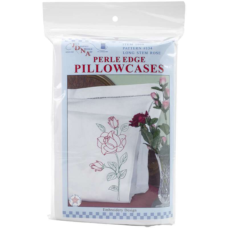 Stamped Pillowcases W/White Perle Edge 2/Pkg Long Stem Rose