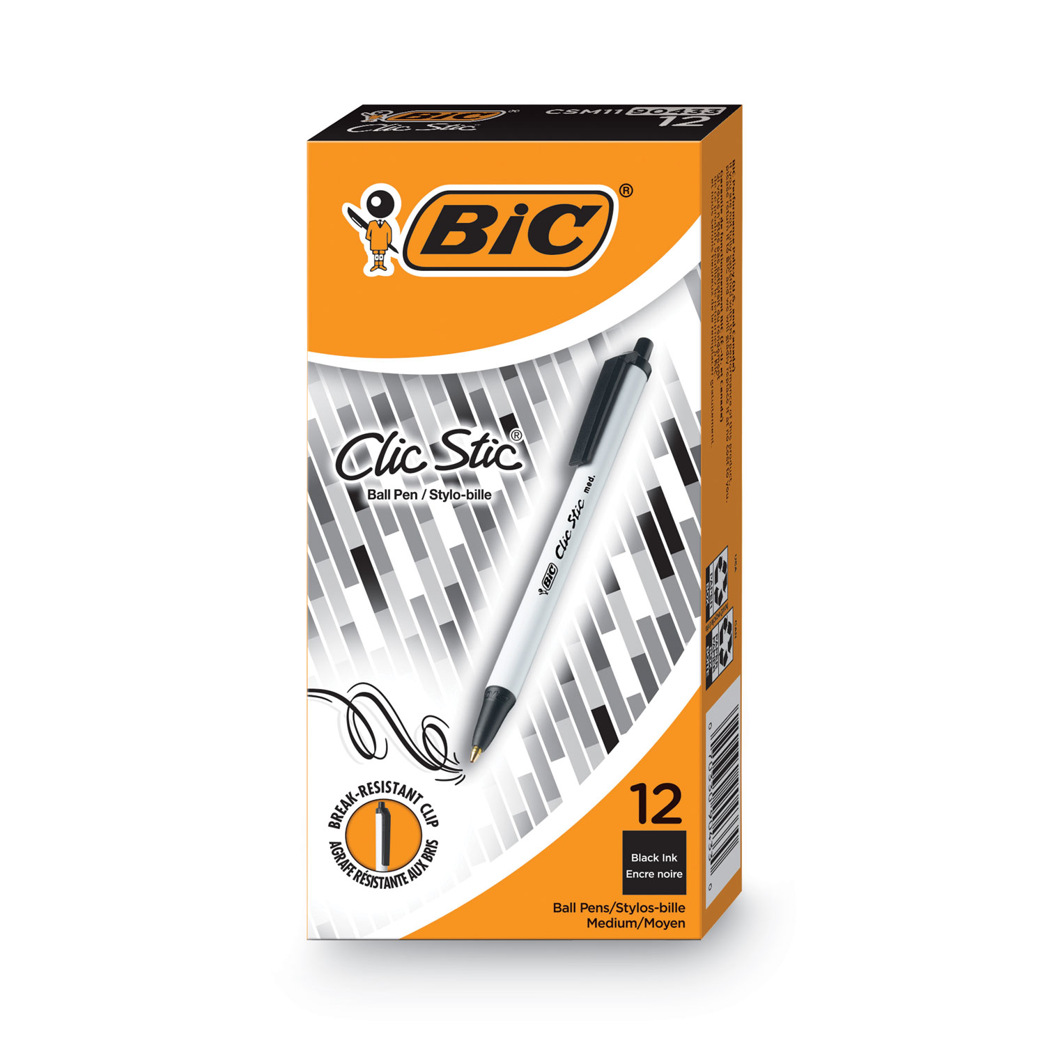 BIC® Clic Stic Retractable Ballpoint Pen, Black Ink, 1mm, Medium, Dozen