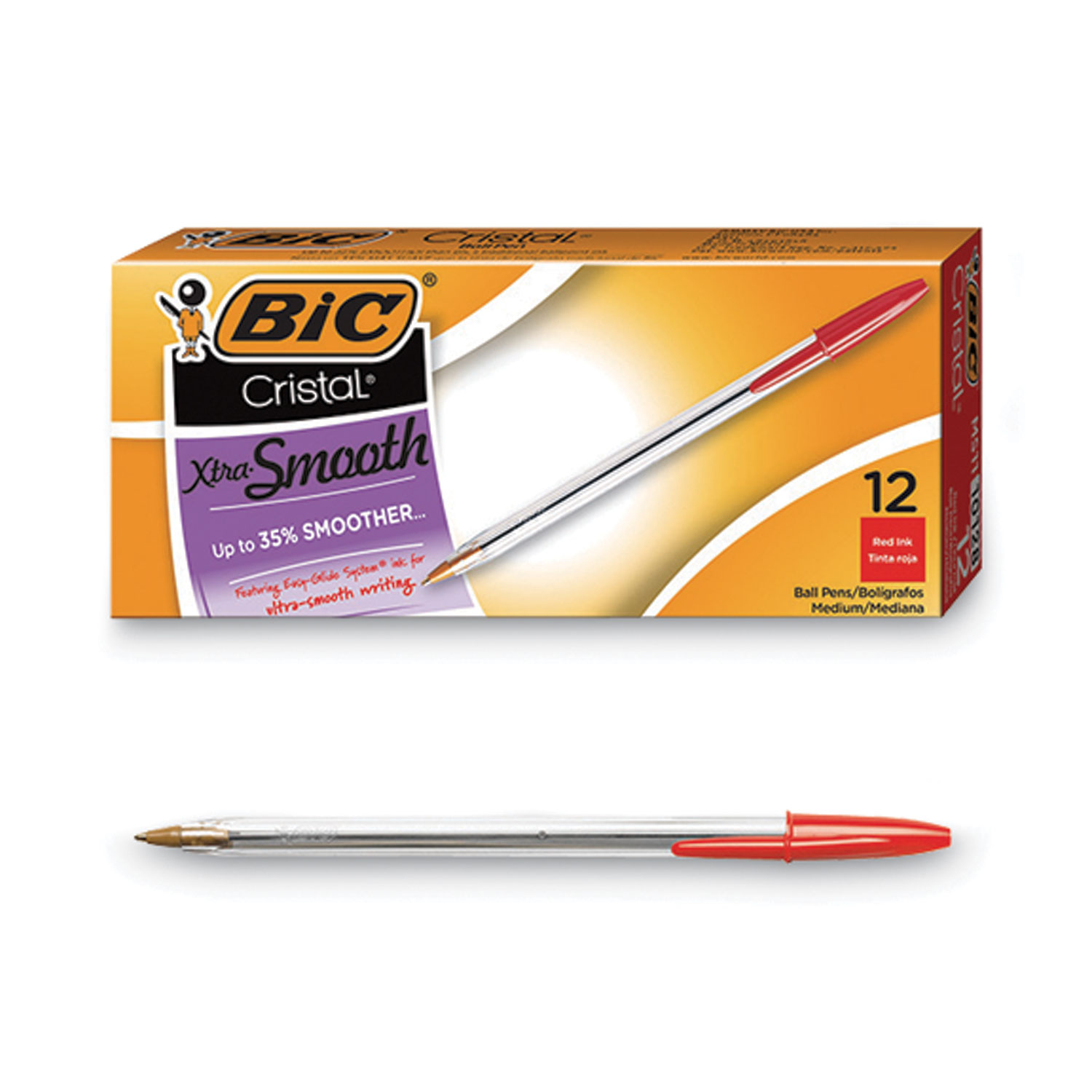 BIC® Cristal Xtra Smooth Ballpoint Stick Pen, Red Ink, 1mm, Medium, Dozen