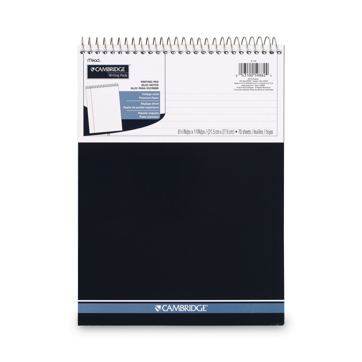Cambridge® Stiff Back Wire Bound Notebook, College Rule, 8 1/2 x 11, White Paper