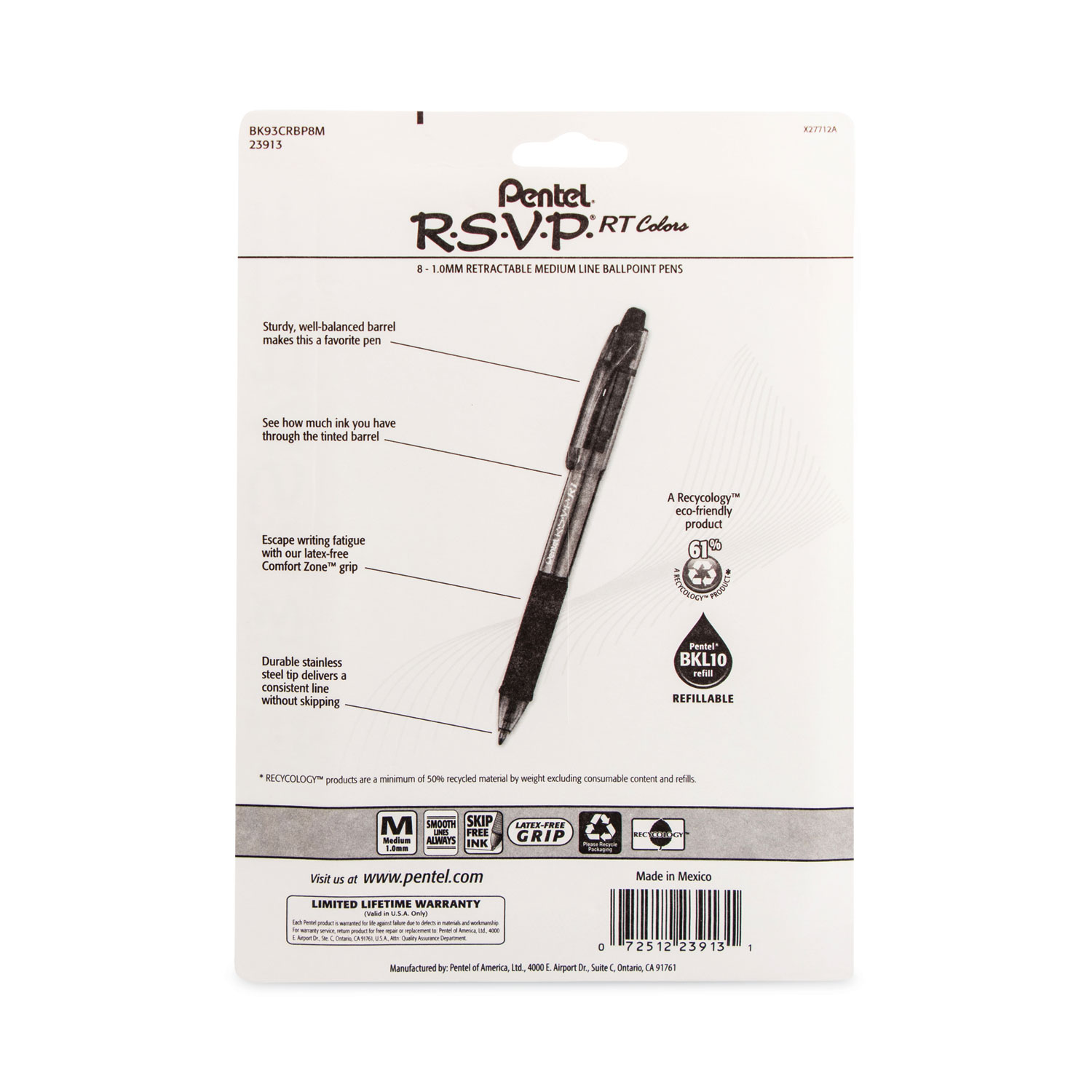Pentel® R.S.V.P. RT Retractable Ballpoint Pen, 1mm, Clear Barrel, Assorted Ink,