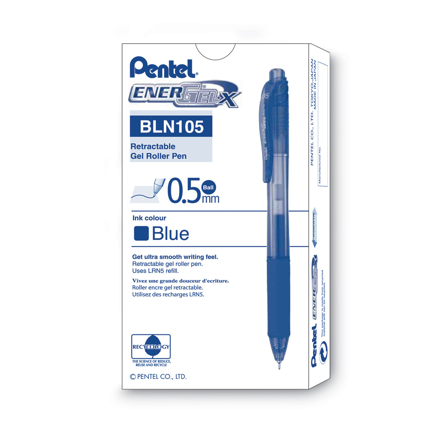 Pentel® EnerGel-X Retractable Roller Gel Pen, .5mm, Blue Barrel/Ink, Dozen