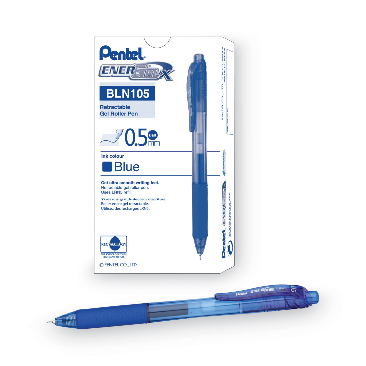 Pentel® EnerGel-X Retractable Roller Gel Pen, .5mm, Blue Barrel/Ink, Dozen