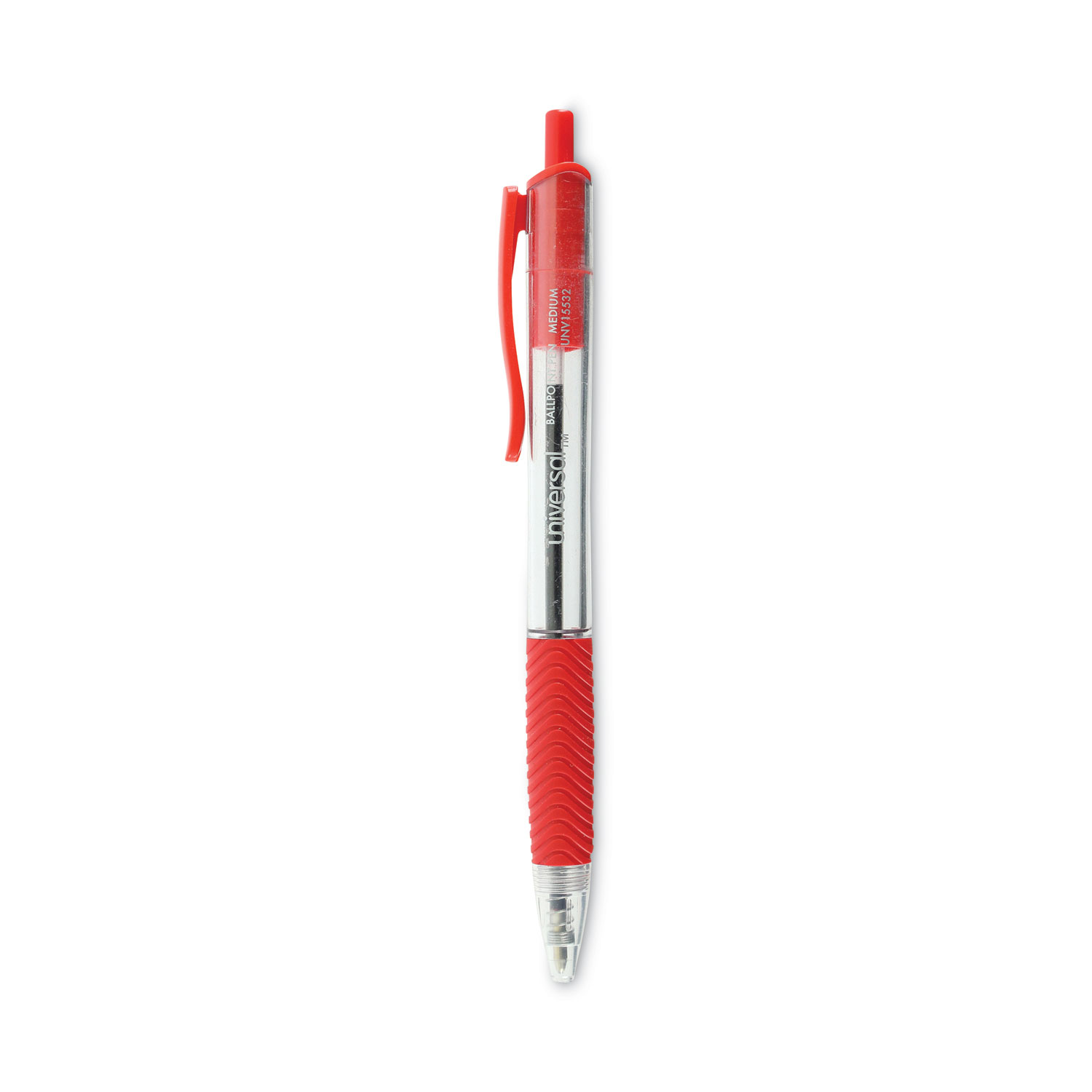 Universal® Economy Retractable Ballpoint Pen, Red Ink, Clear, 1mm, Dozen