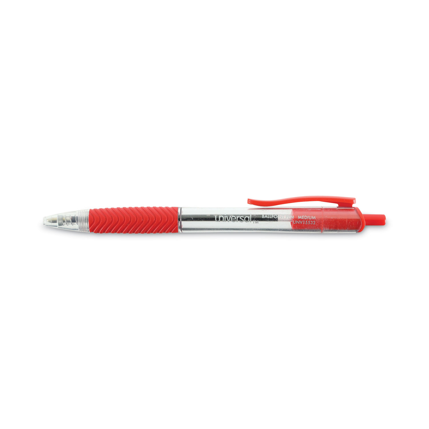 Universal® Economy Retractable Ballpoint Pen, Red Ink, Clear, 1mm, Dozen