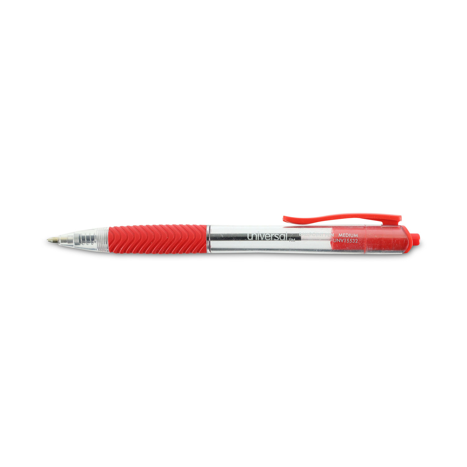 Universal® Economy Retractable Ballpoint Pen, Red Ink, Clear, 1mm, Dozen