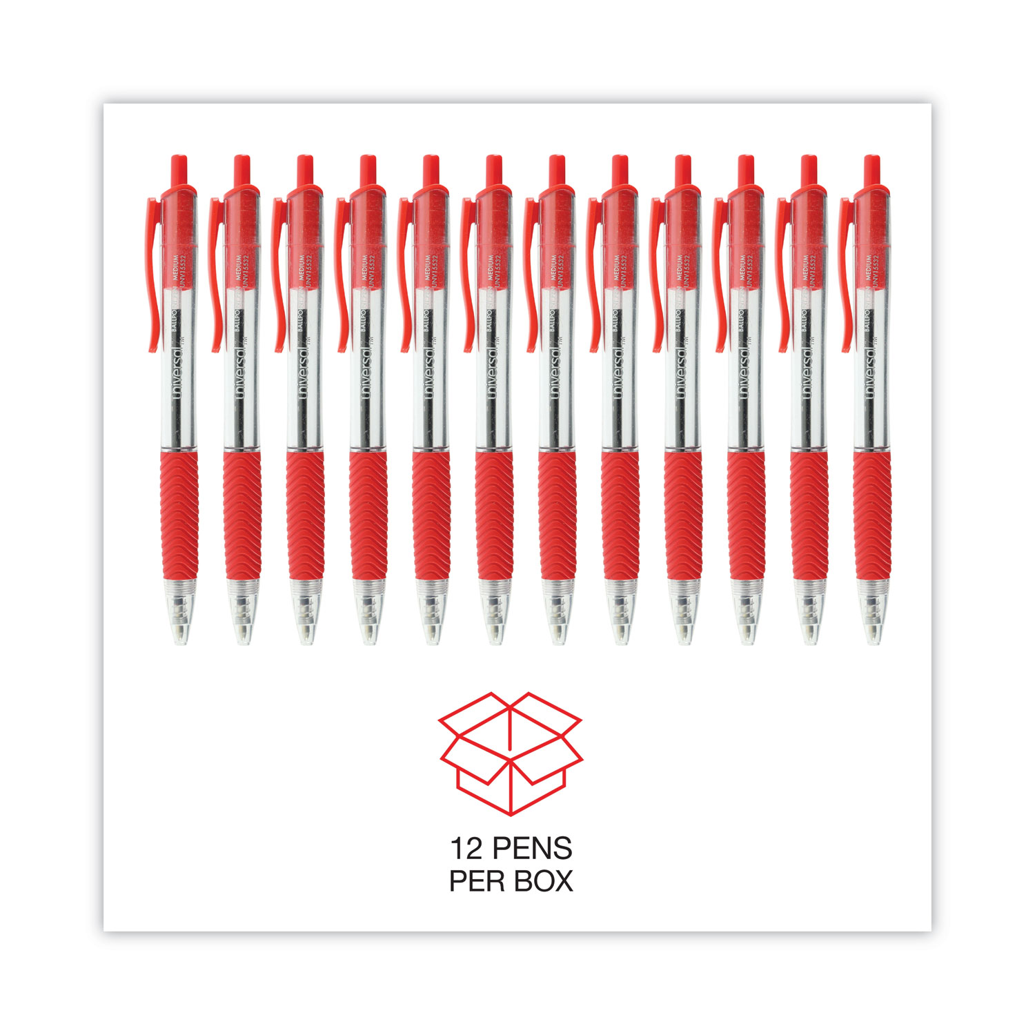 Universal® Economy Retractable Ballpoint Pen, Red Ink, Clear, 1mm, Dozen