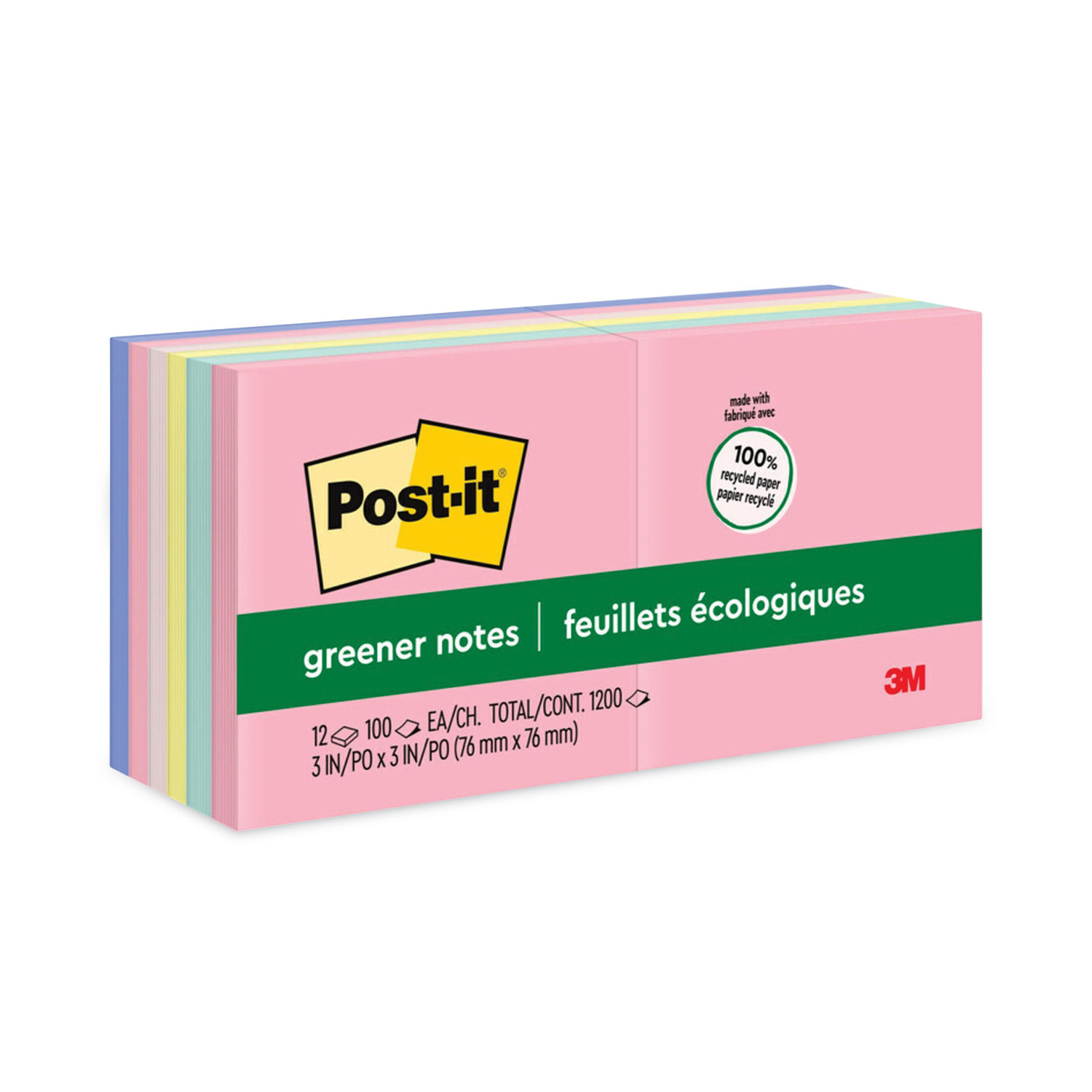 Post-it® Greener Notes Recycled Note Pads, 3 x 3, Assorted Helsinki Colors, 100-