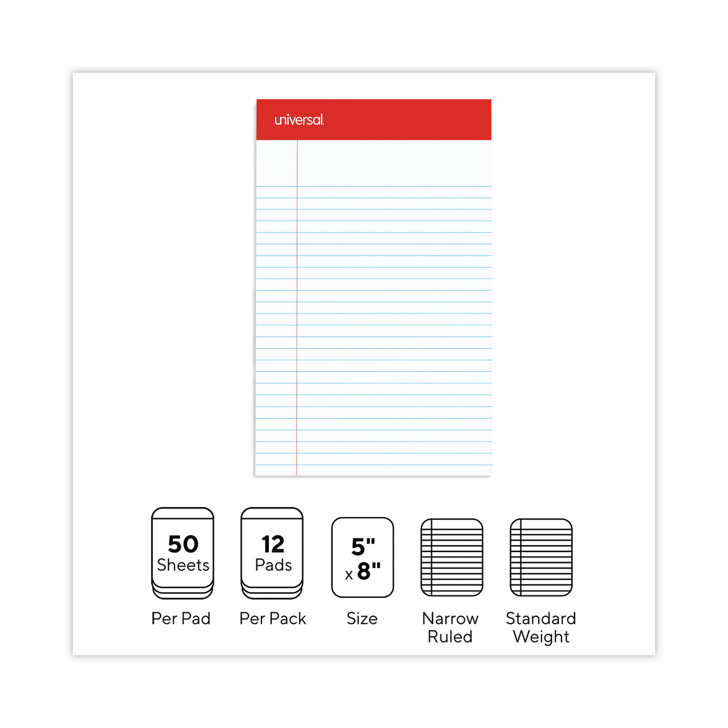 Universal® Perforated Edge Writing Pad, Narrow Rule, 5 x 8, White, 50 Sheet, Doz