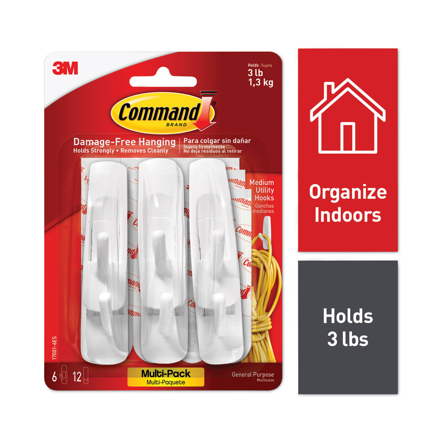 Command General Purpose Hooks, Medium, 3lb Cap, White, 6 Hooks & 12 Strips/Pack