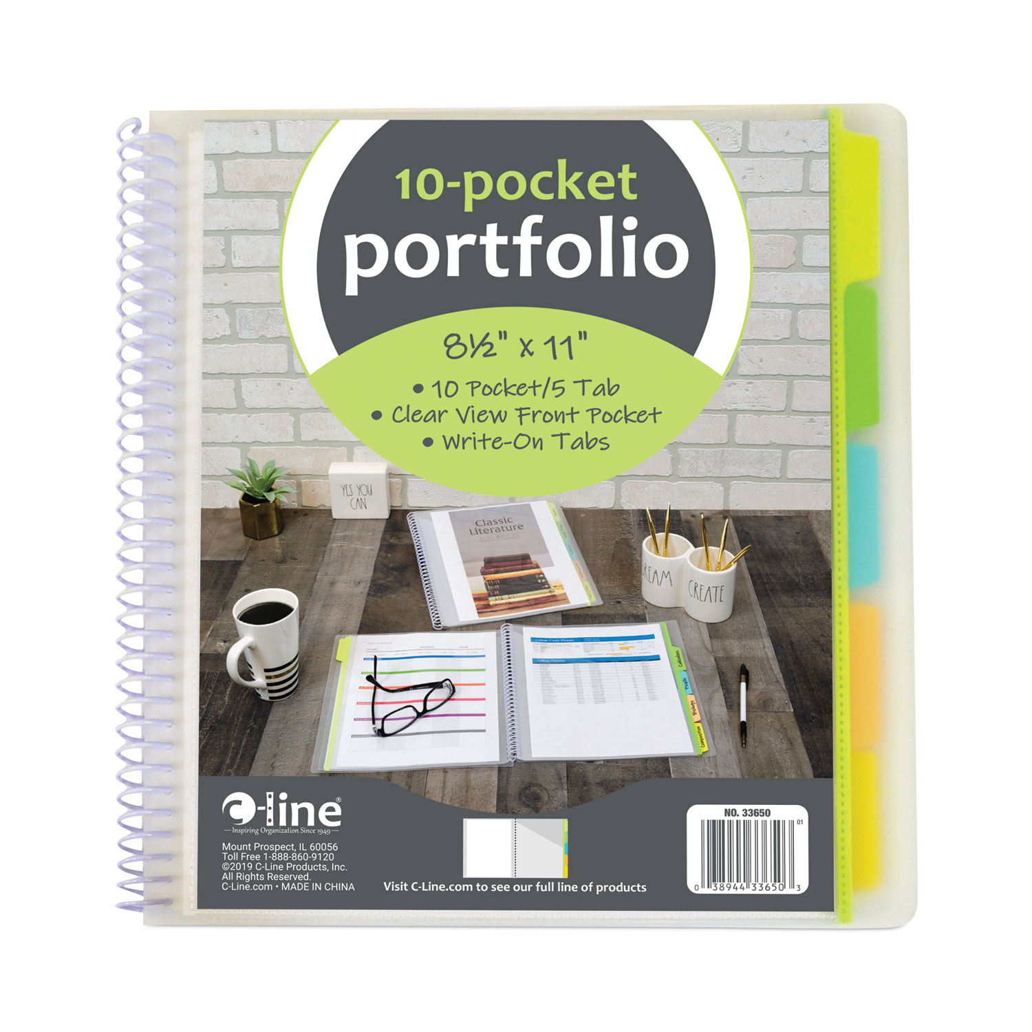 C-Line® 10-Pocket Poly Portfolio with Write-On Tabs, Polypropylene, Clear