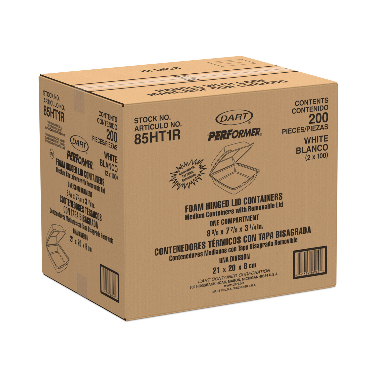 Dart® Foam Container, Hinged Lid, 1-Comp, 8 3/8 x 7 7/8 x 3 1/4, 200/Carton