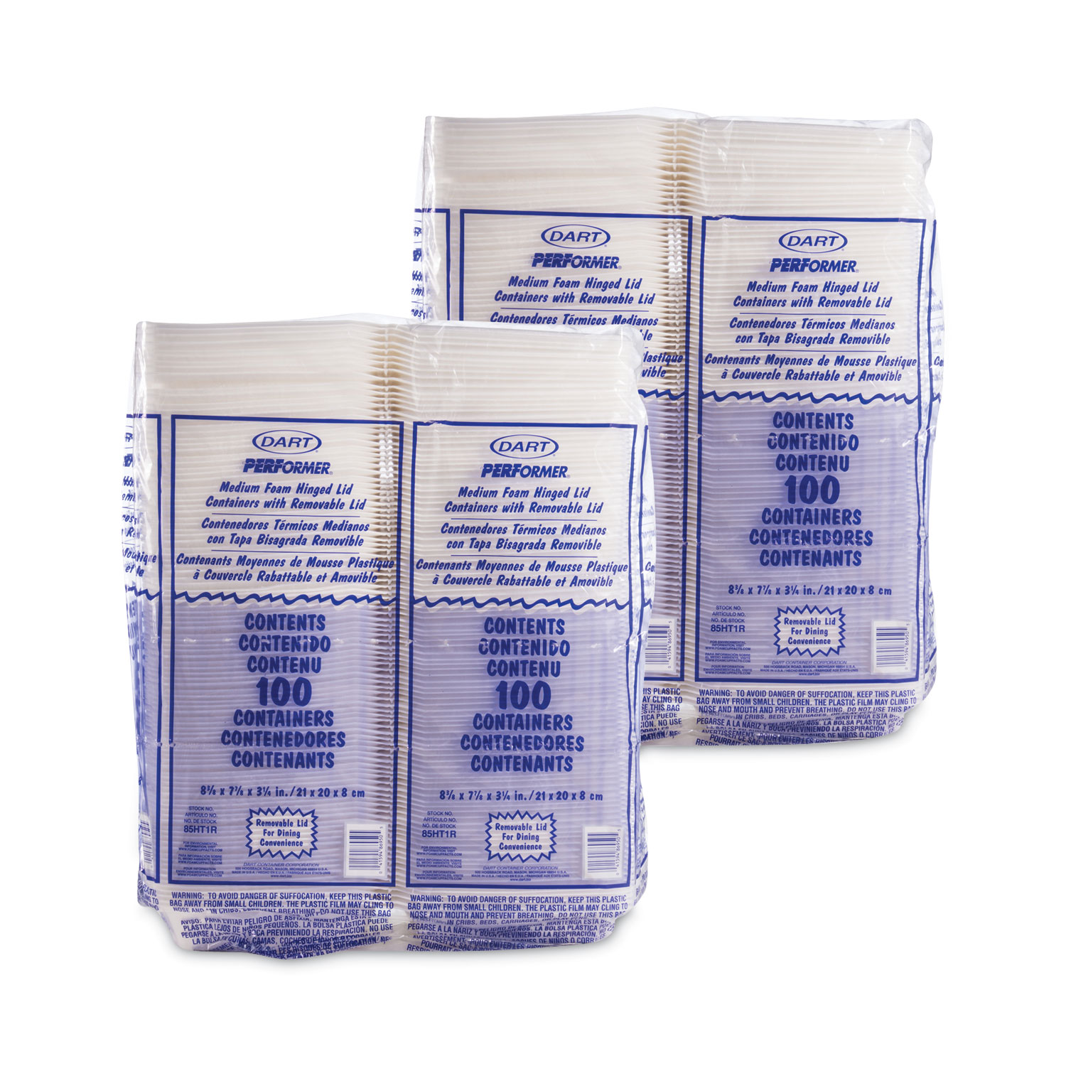 Dart® Foam Container, Hinged Lid, 1-Comp, 8 3/8 x 7 7/8 x 3 1/4, 200/Carton