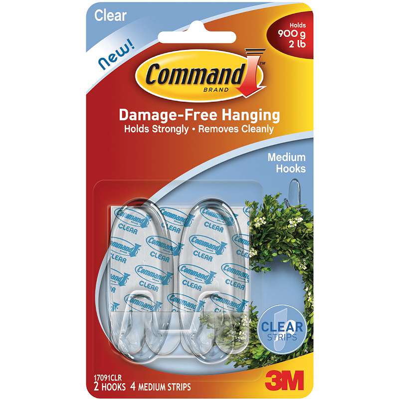 Command Medium Hooks Clear 2 Hooks & 4 Strips